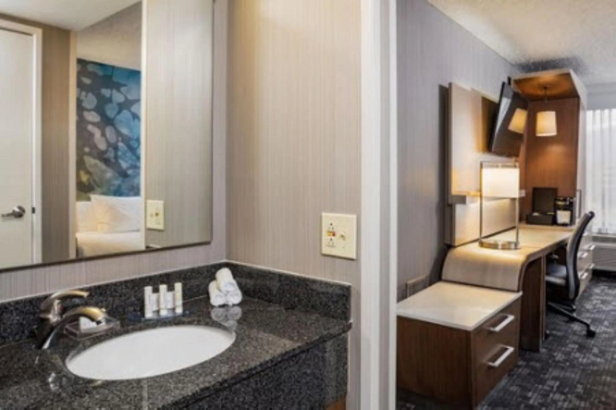 Bathroom, Bed in Courtyard by Marriott Riverside UCR/Moreno Valley Area