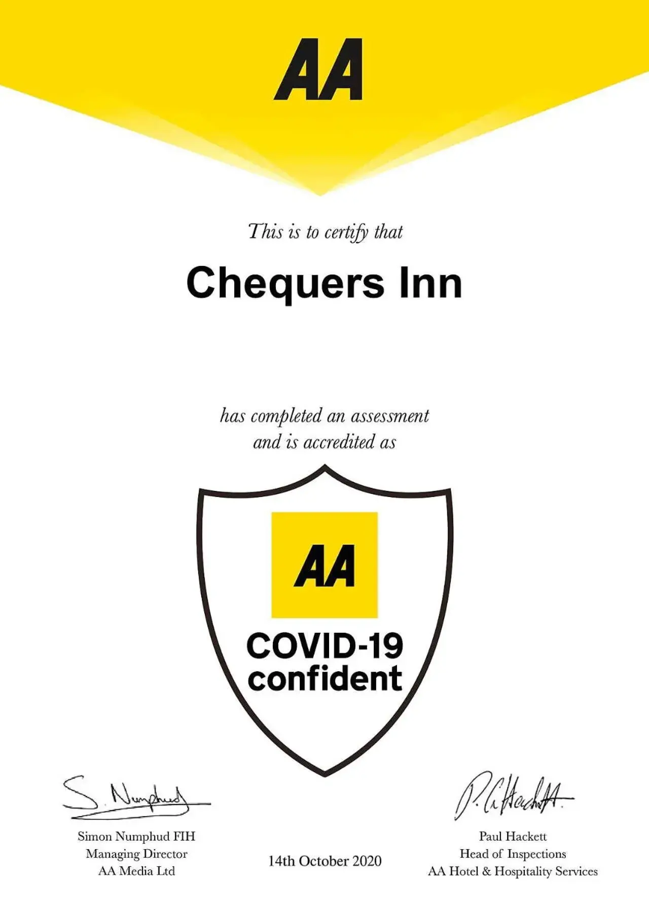 Certificate/Award in The Chequers Inn