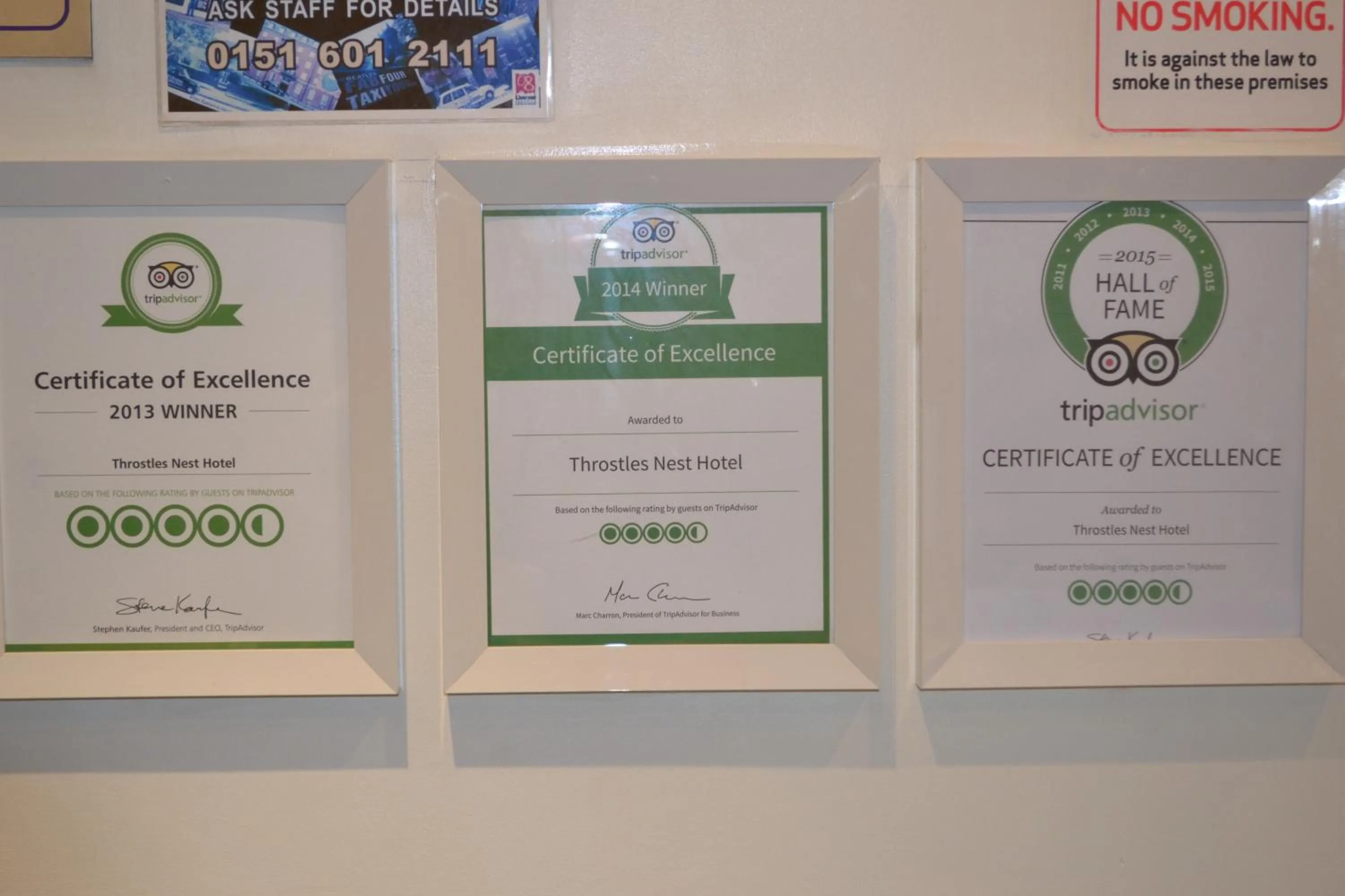 Certificate/Award in Throstles Nest Hotel