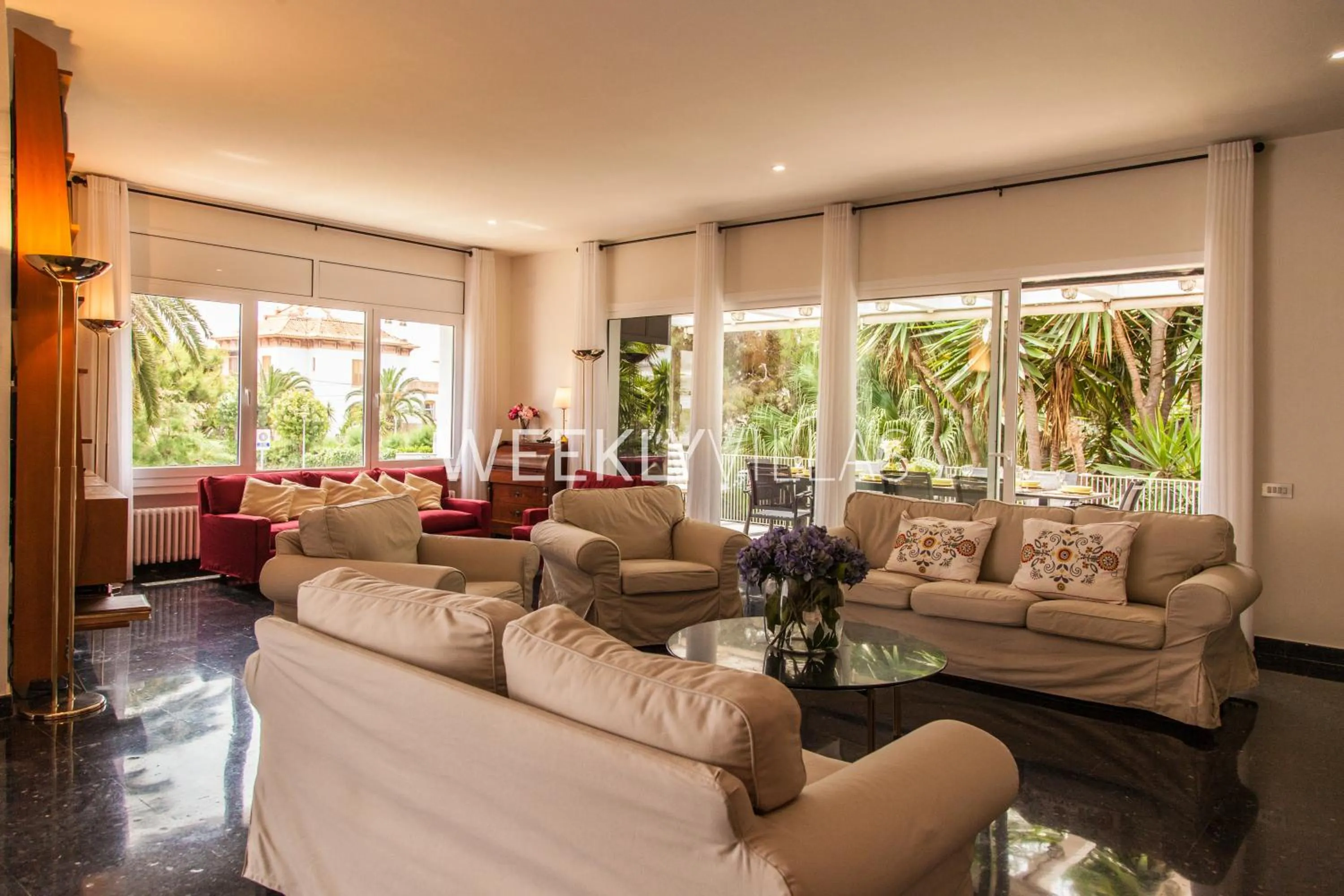 Living room in Villa Sitges Tupinetti Beach at 1 min walk Amaizing Garden and View Center Sitges 5 minutes walk NO NEED CAR