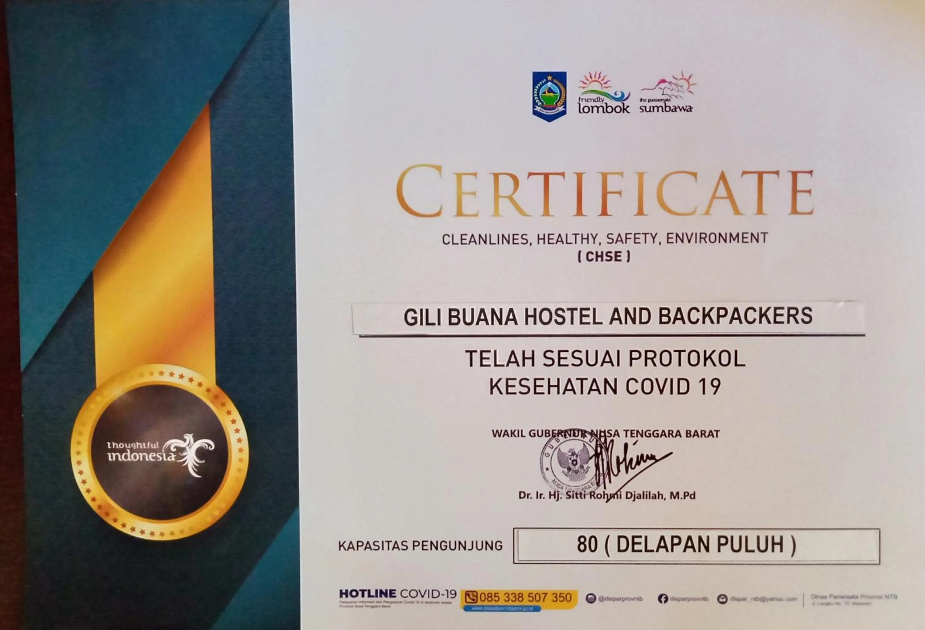 Certificate/Award in Gili Buana Hostel & Backpackers Gili Air