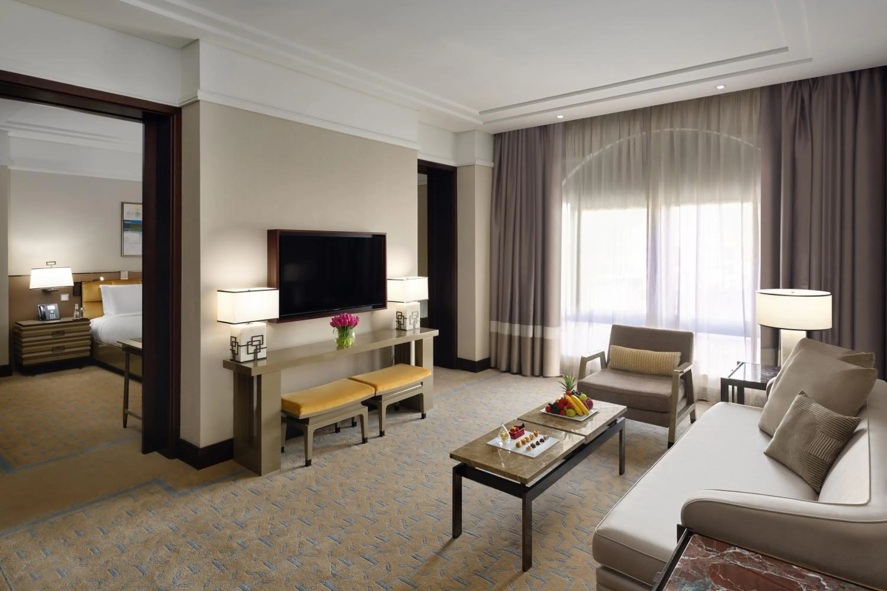Living room, Bed in The Hotel Galleria Jeddah, Curio Collection by Hilton