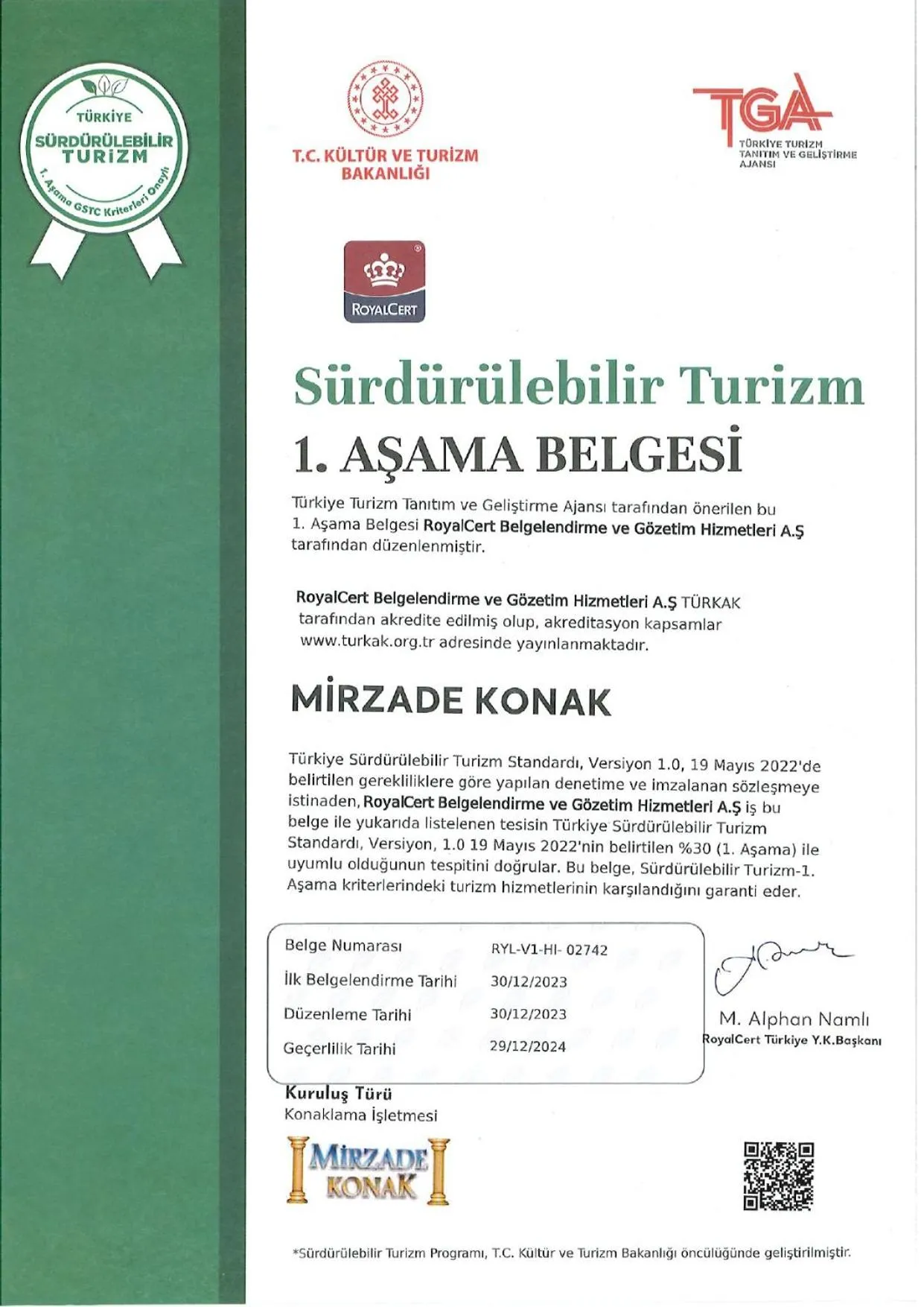 Logo/Certificate/Sign in Mirzade Konak Hotel