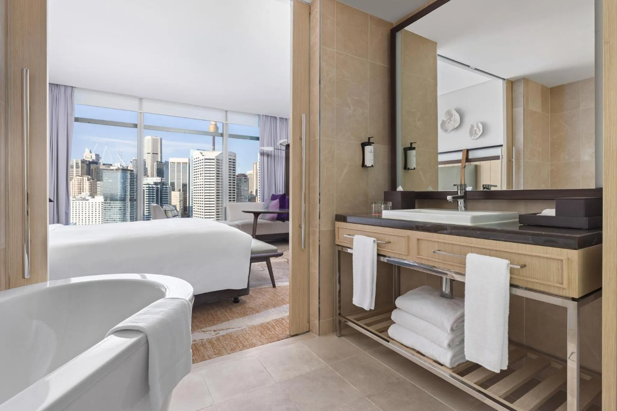 Bathroom, Bed in Sofitel Sydney Darling Harbour