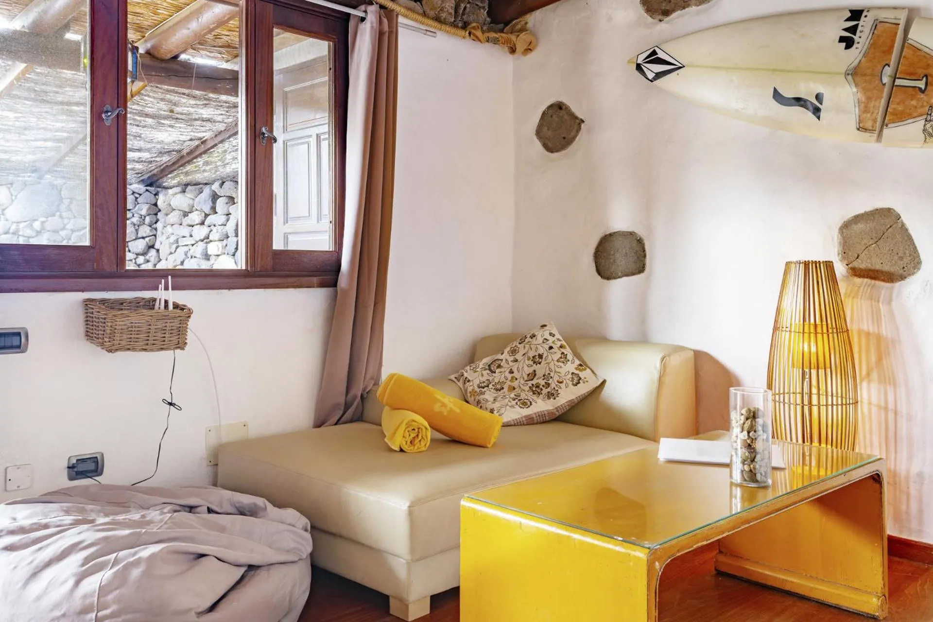 Living room, Bed in Finca De Arrieta Village - Yurts and Stone Cottages - Shared Pool - Walking distance to Arrieta Beach - Off Grid