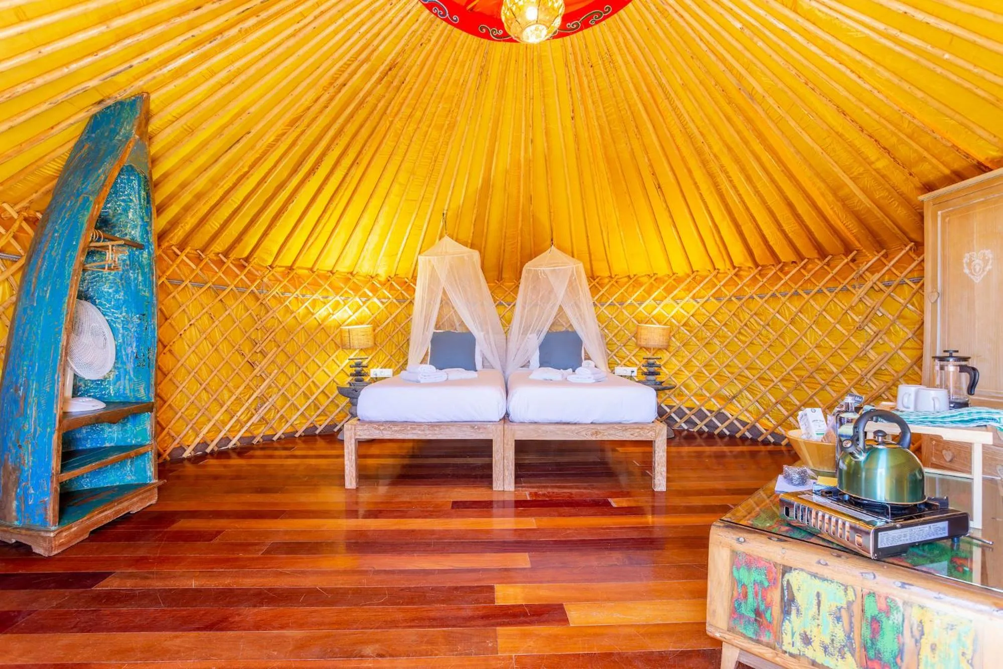 Bedroom, Bed in Finca De Arrieta Village - Yurts and Stone Cottages - Shared Pool - Walking distance to Arrieta Beach - Off Grid