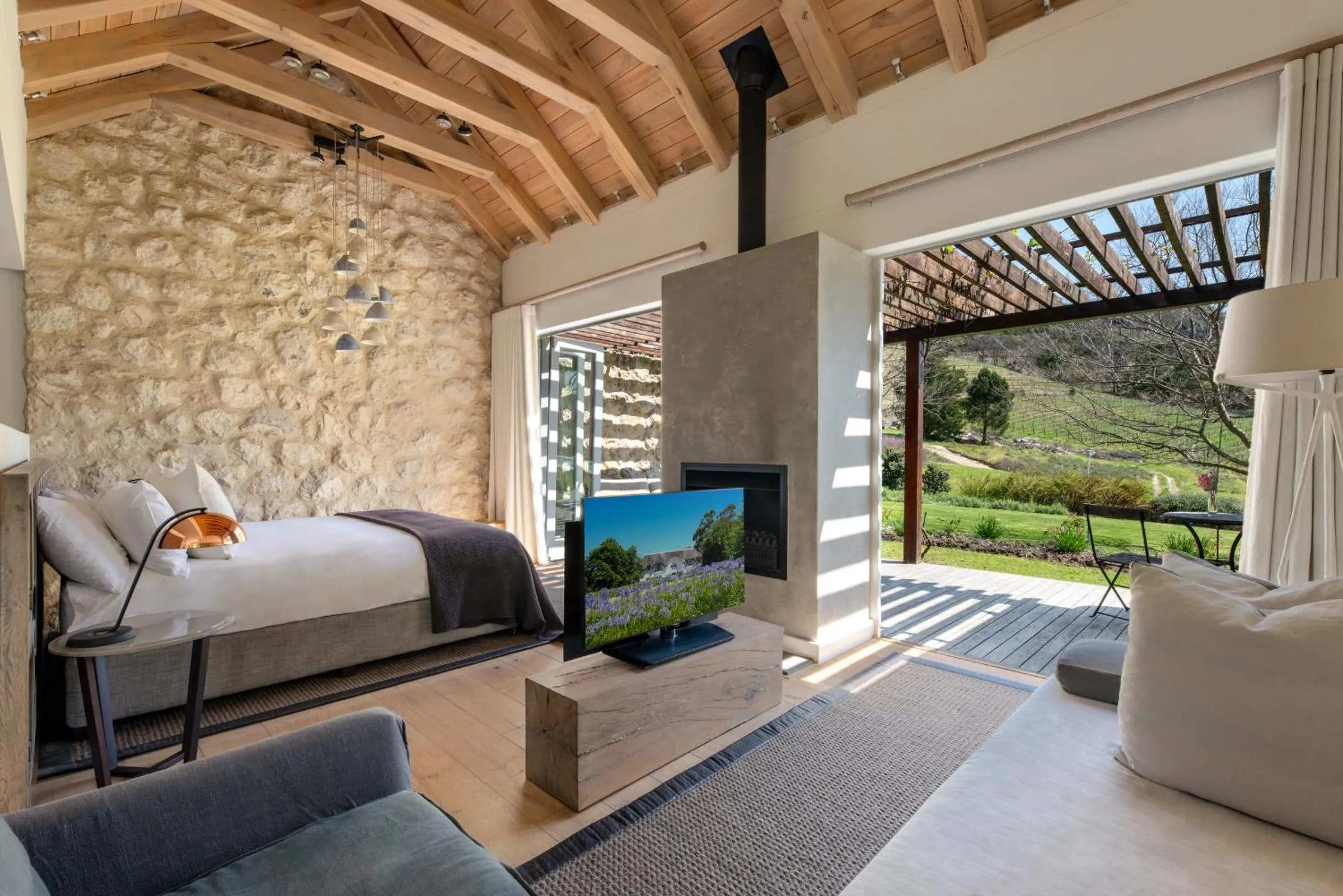 Patio, Bed in Mont Rochelle Hotel and Vineyard