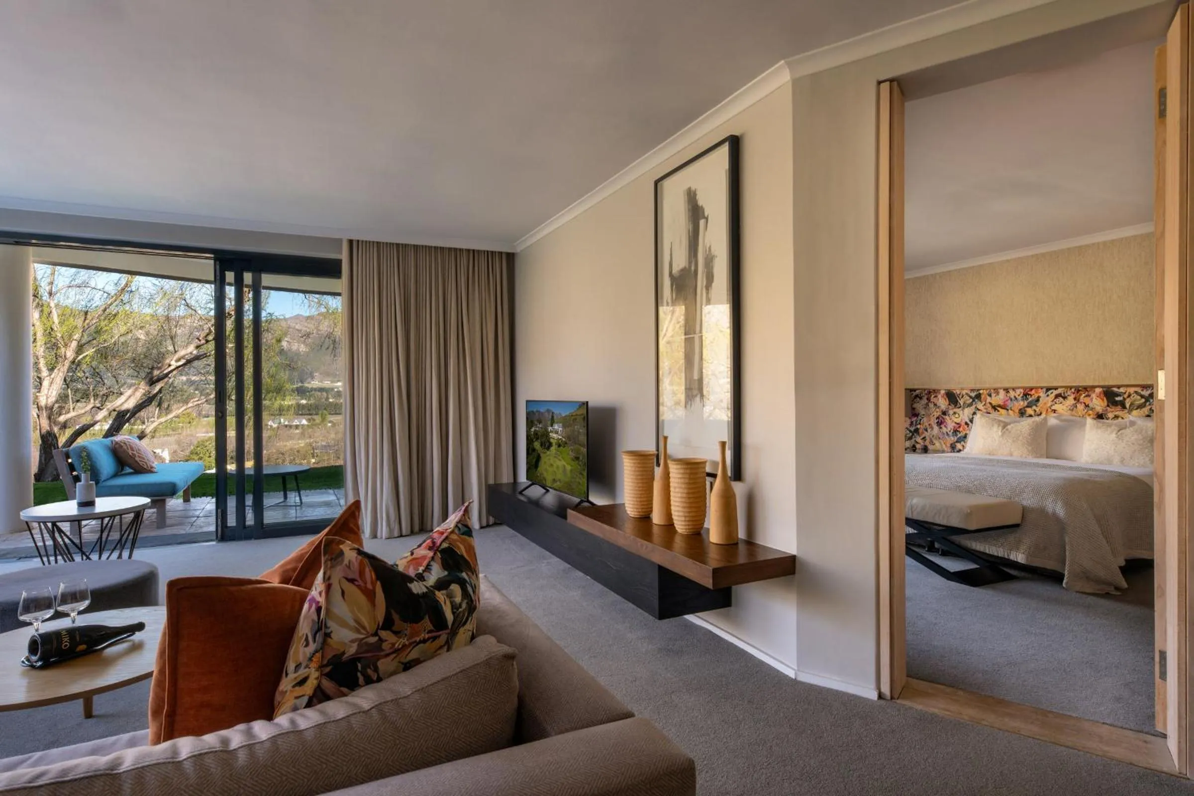 Patio, Bed in Mont Rochelle Hotel and Vineyard