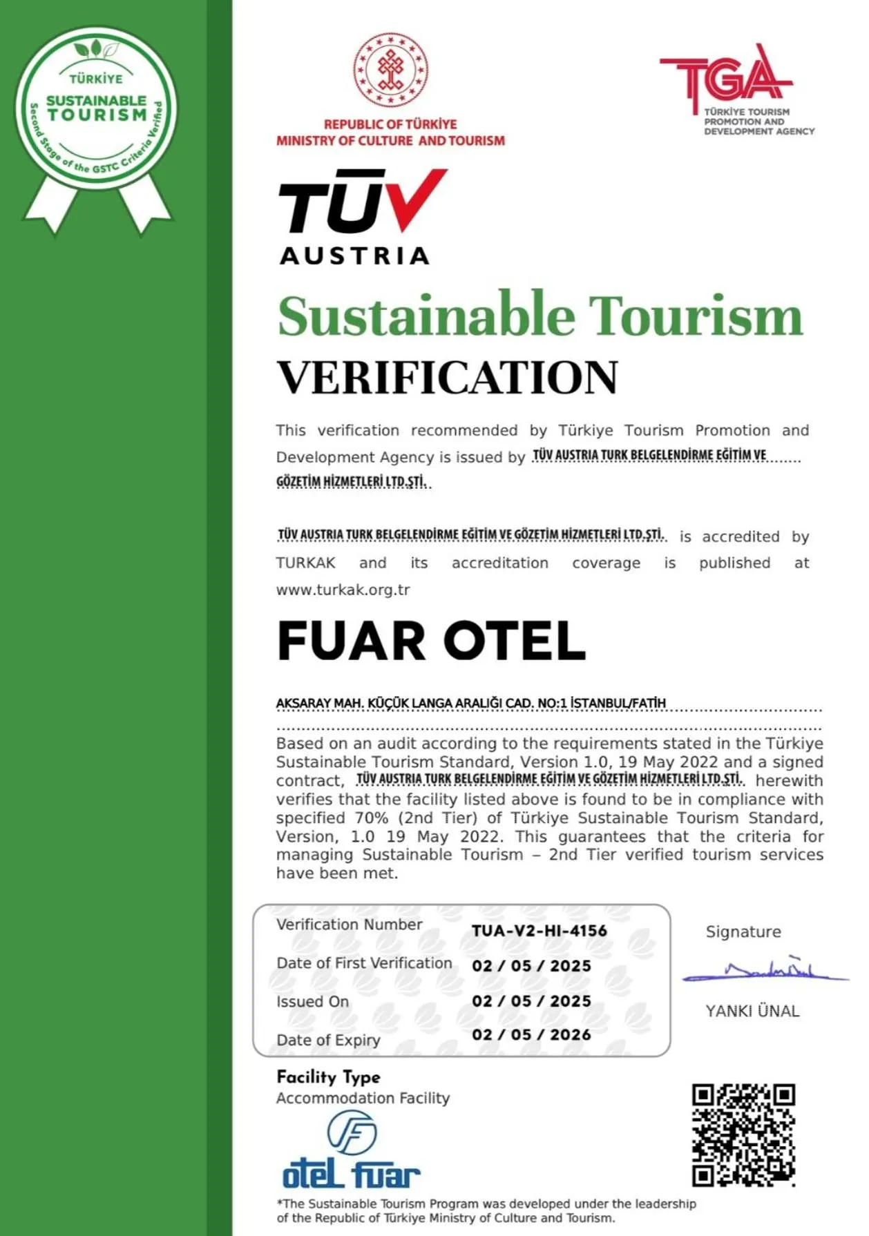 Certificate/Award in Fuar Hotel