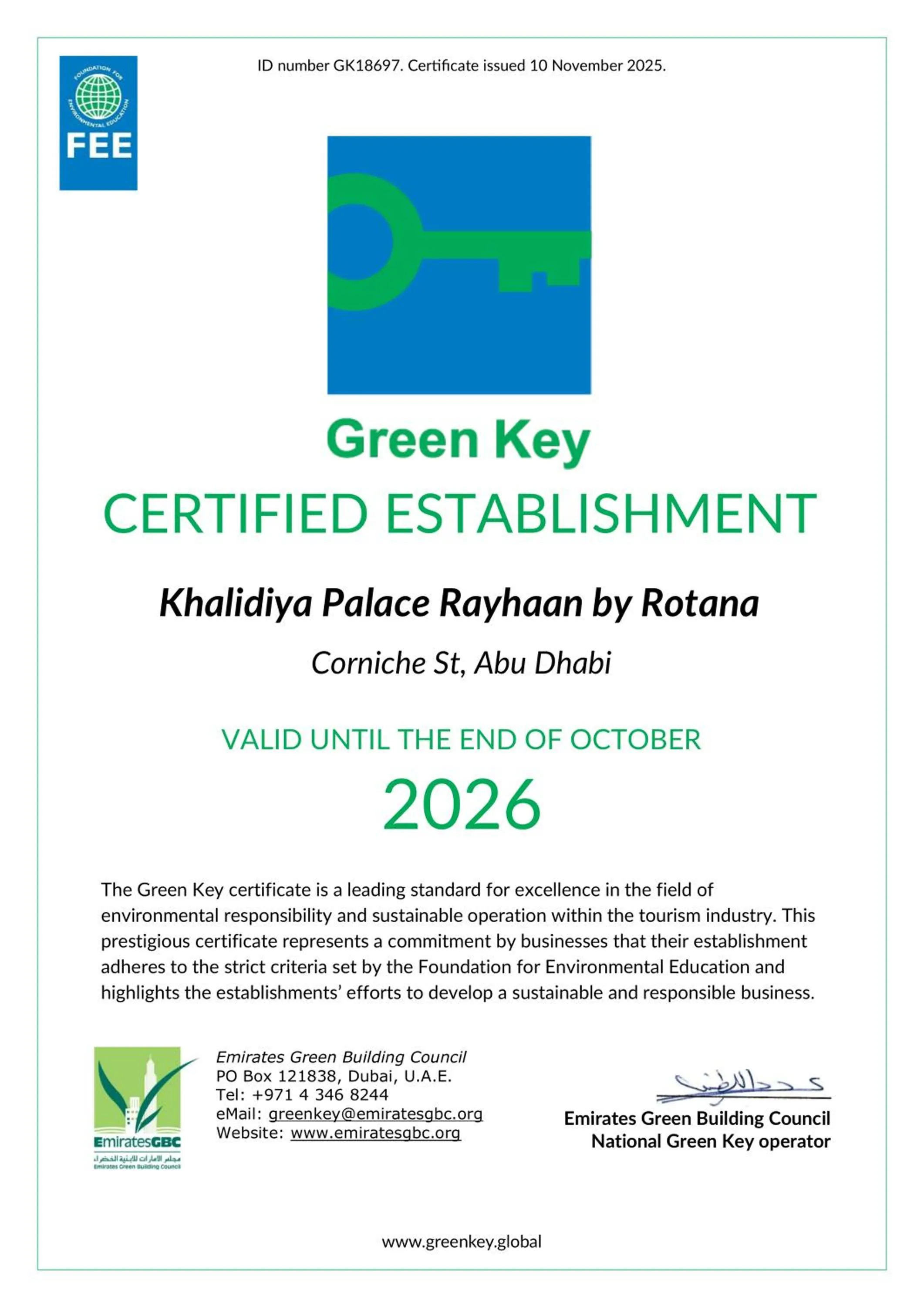 Certificate/Award in Khalidiya Palace Rayhaan by Rotana, Abu Dhabi