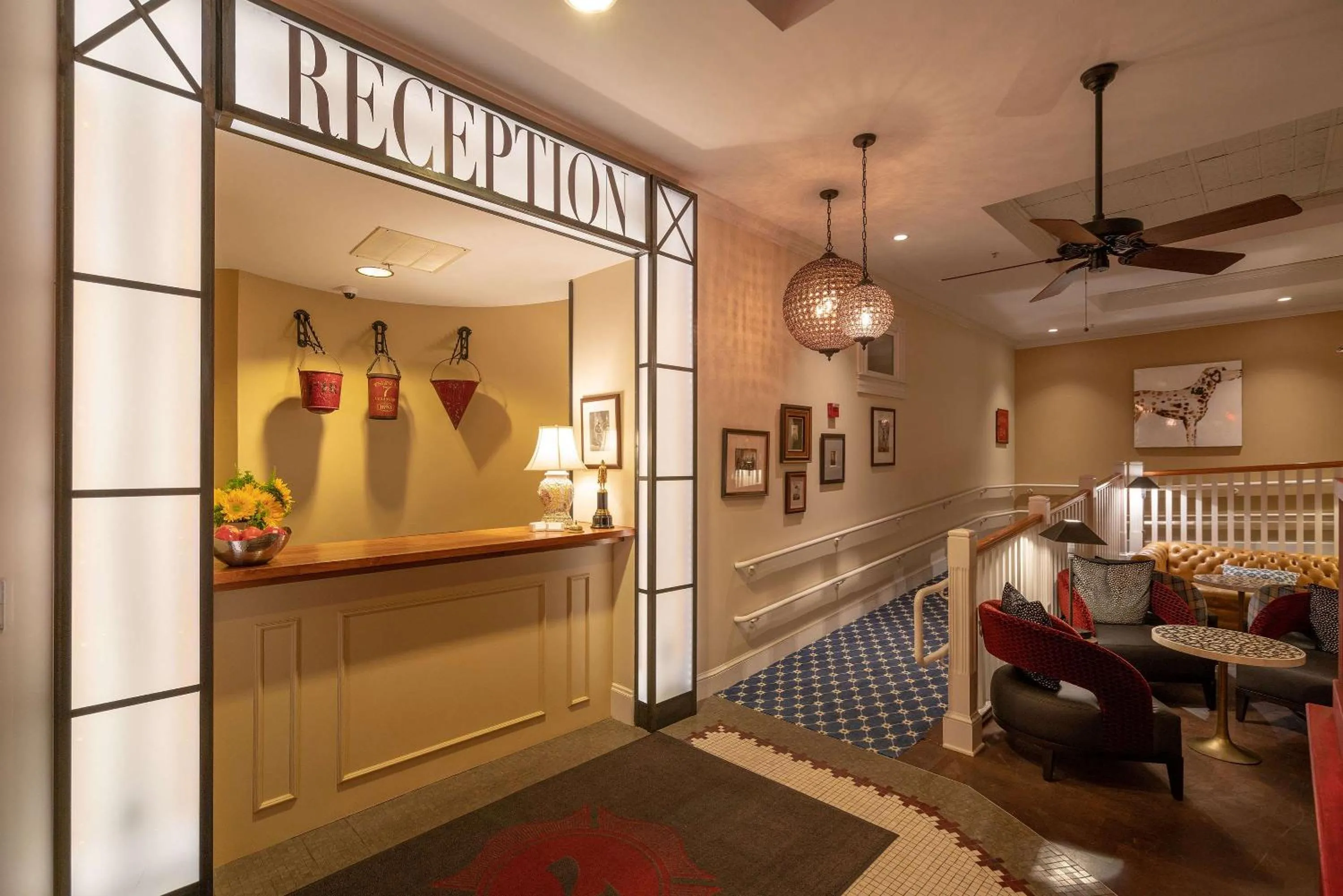 Lobby or reception in The Kendall Hotel at the Engine 7 Firehouse