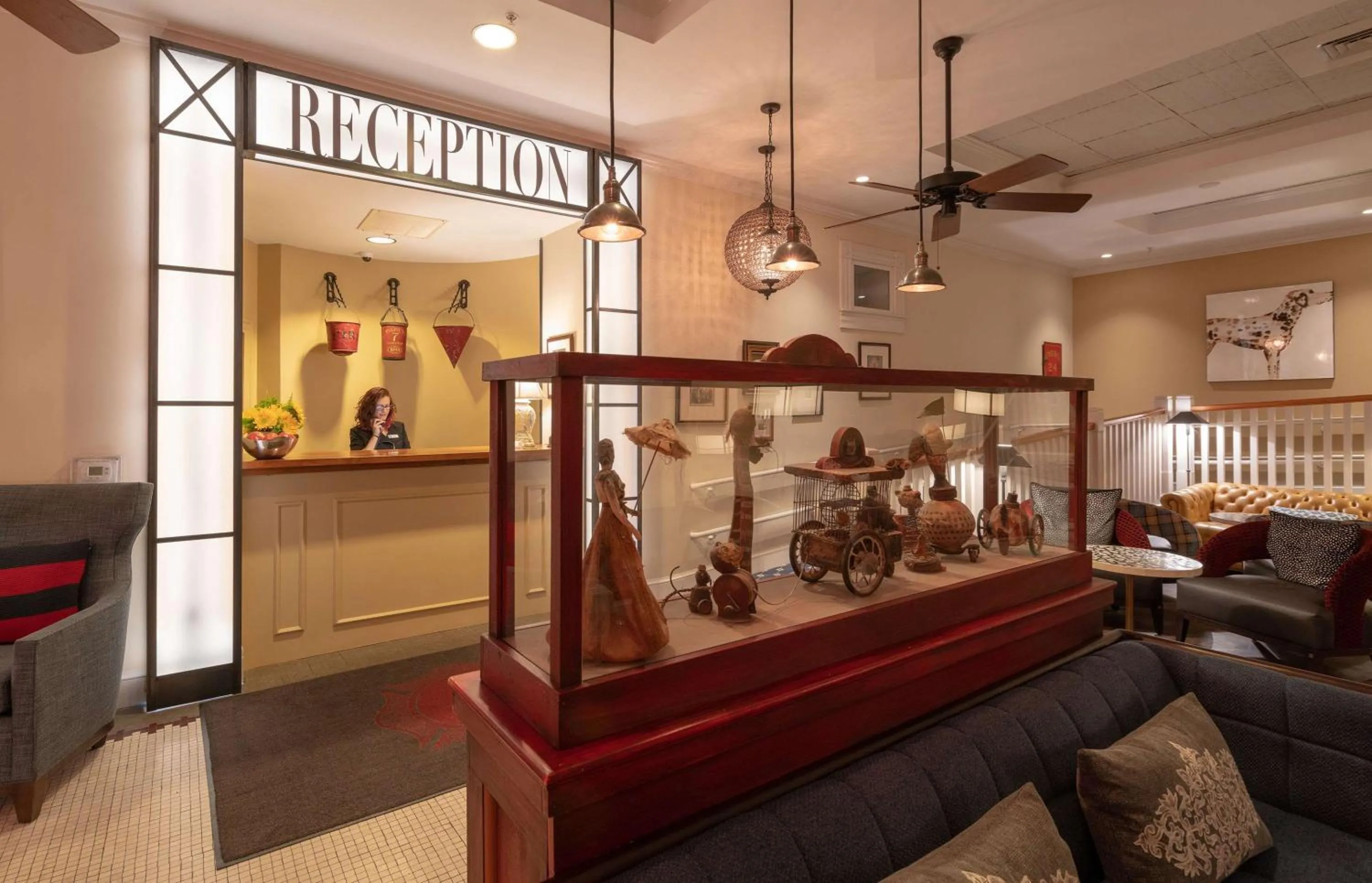 Lobby or reception in The Kendall Hotel at the Engine 7 Firehouse