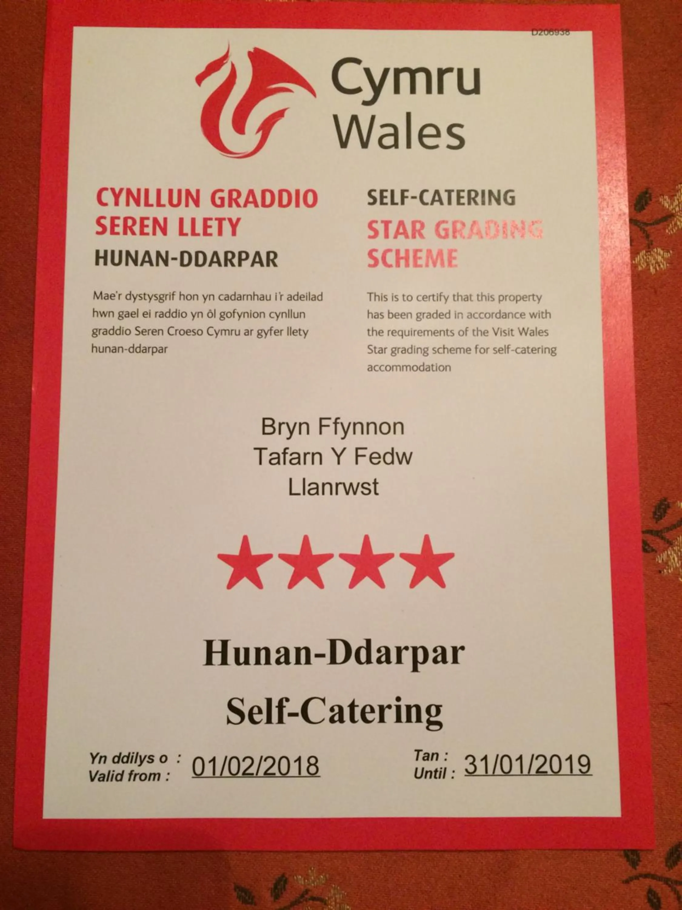 Certificate/Award in Bryn Ffynnon Holiday Cottage Llanrwst
