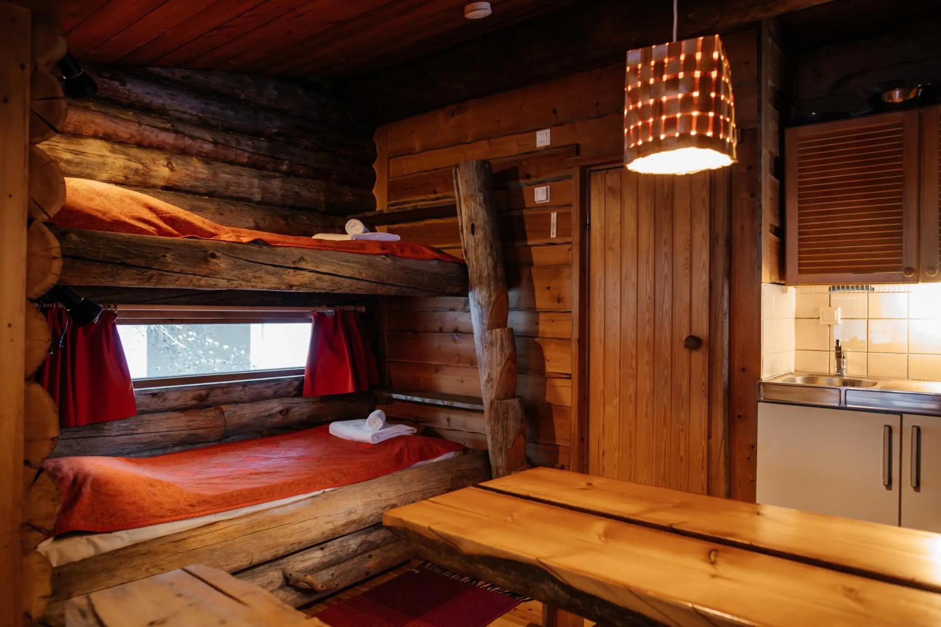 Kitchen or kitchenette, Bed in Kakslauttanen Arctic Resort - Igloos and Chalets Kitchen or kitchenette, Bed in Kakslauttanen Arctic Resort - Igloos and Chalets