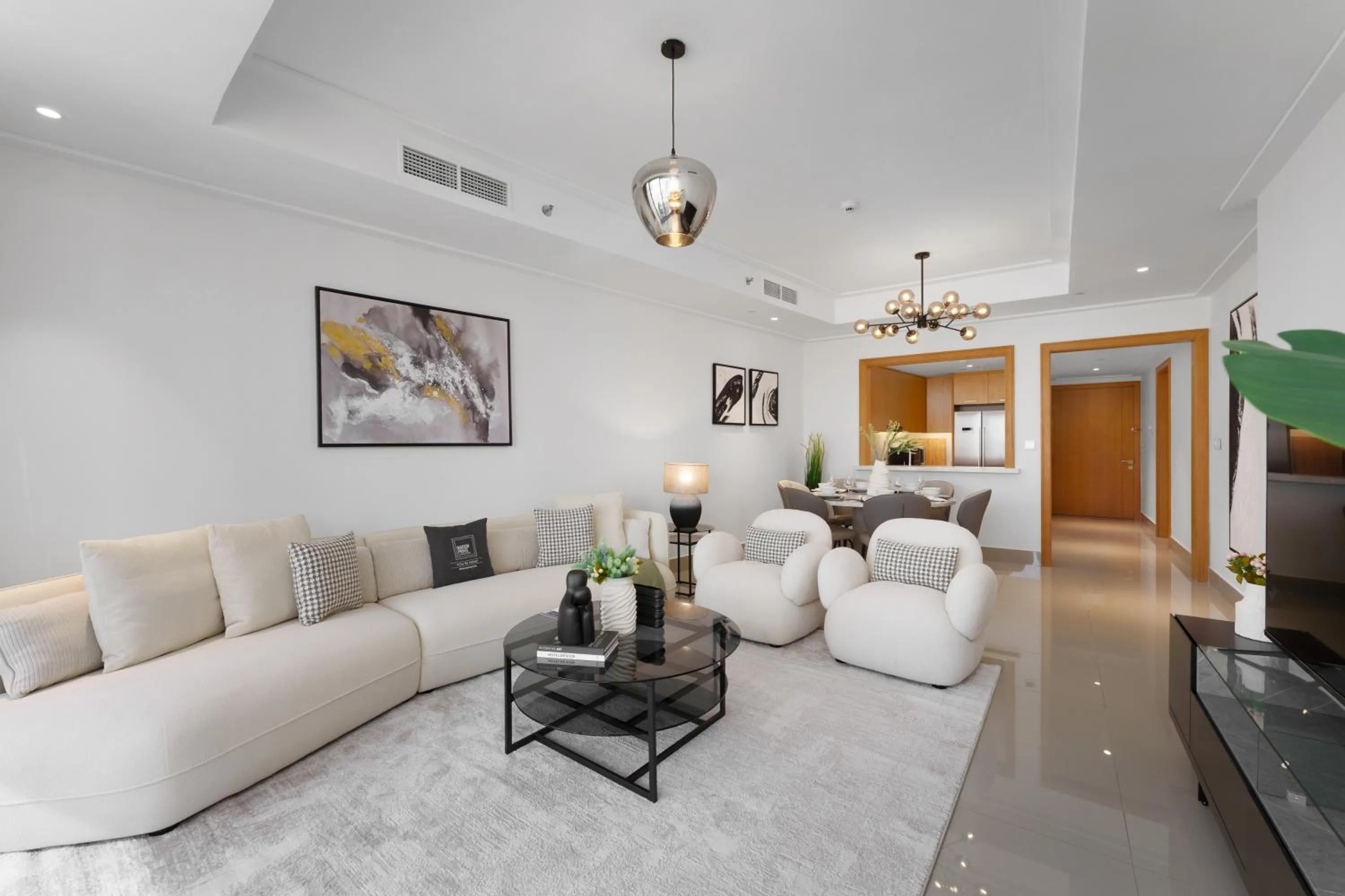 Living room in Maison Privee - Ultimate Living with Front-Row Views of Burj Khalifa & Dubai Fountains