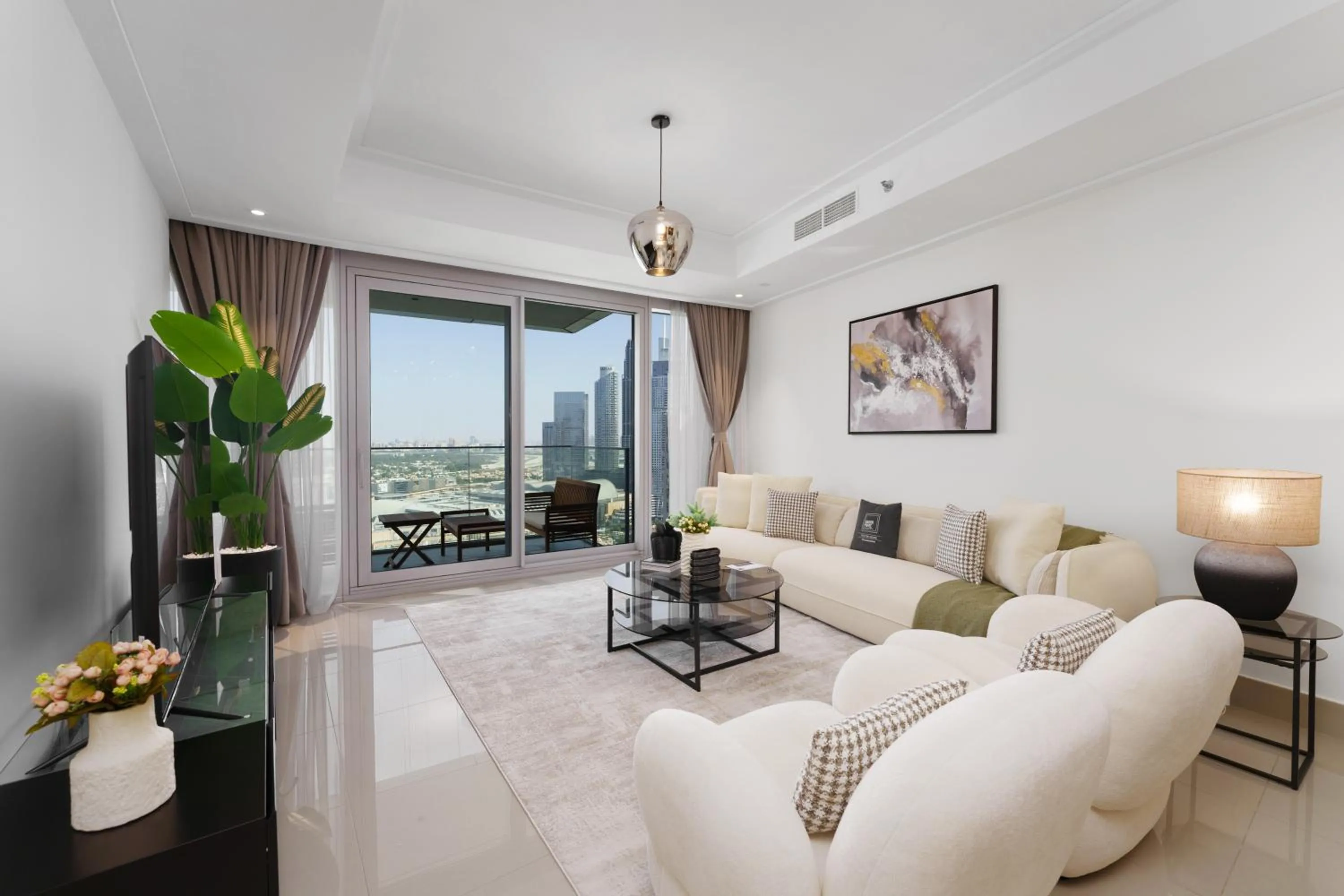 Living room in Maison Privee - Ultimate Living with Front-Row Views of Burj Khalifa & Dubai Fountains
