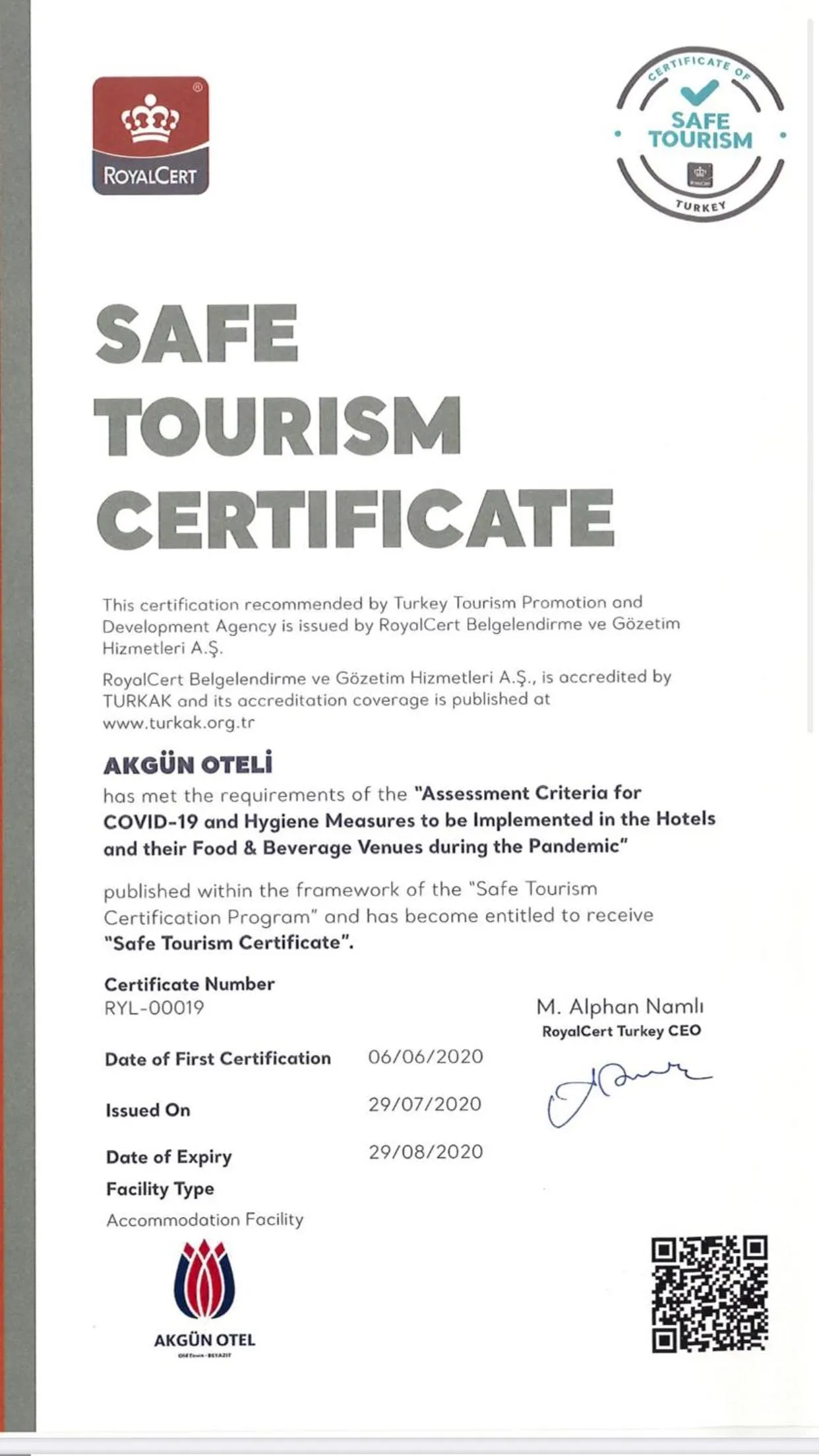 Certificate/Award in Akgun Hotel Beyazit