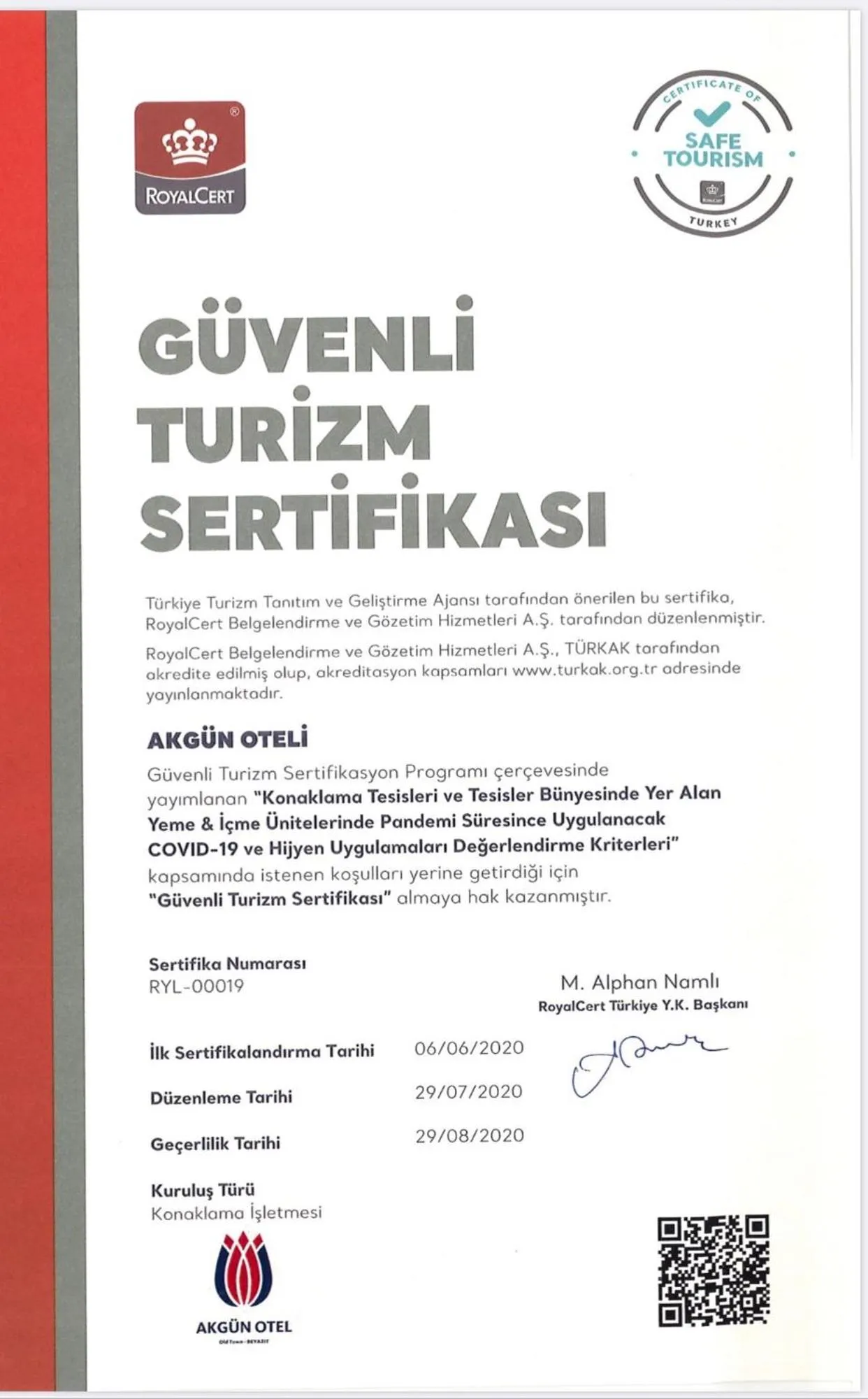 Certificate/Award in Akgun Hotel Beyazit