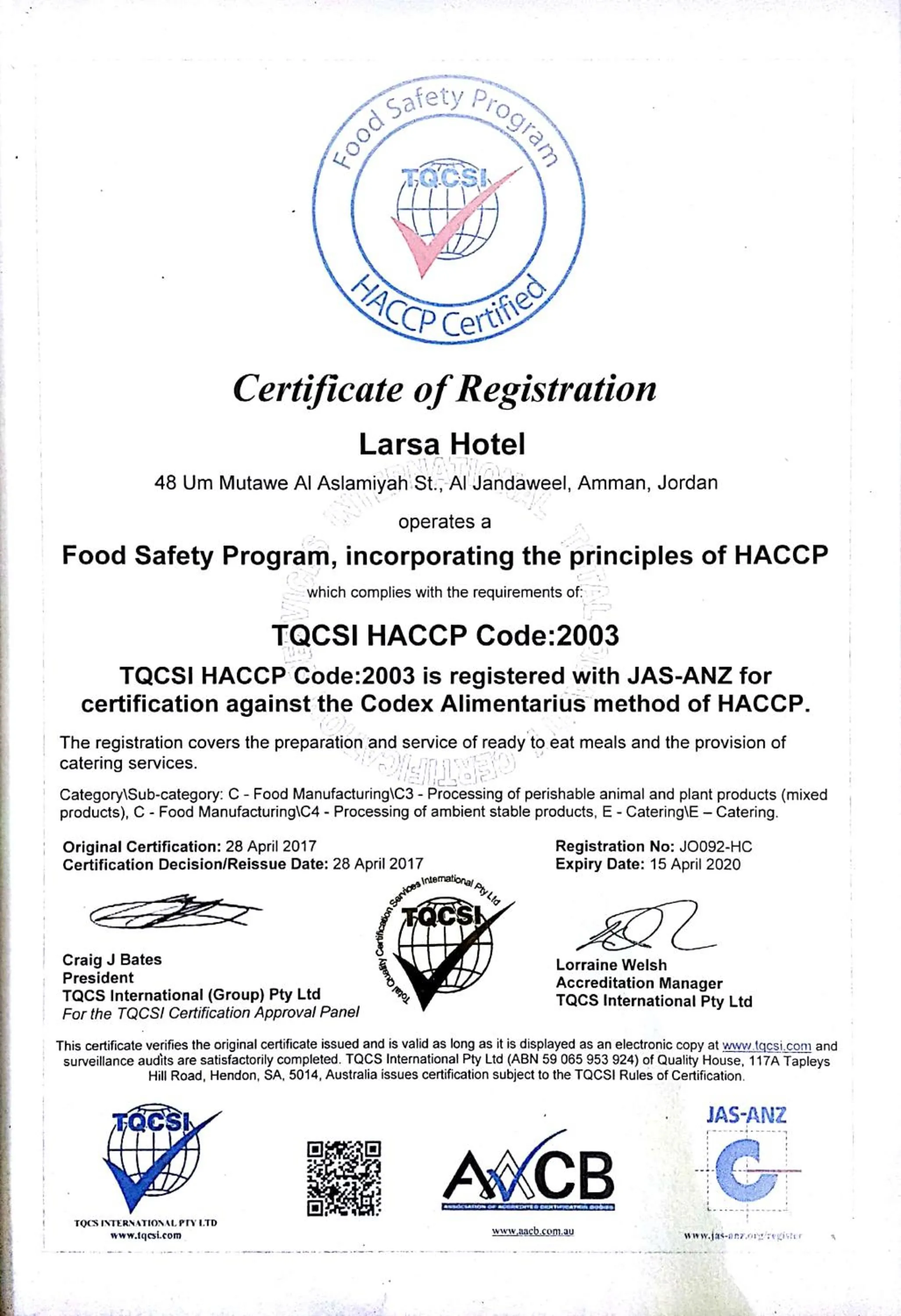 Certificate/Award in Larsa Hotel