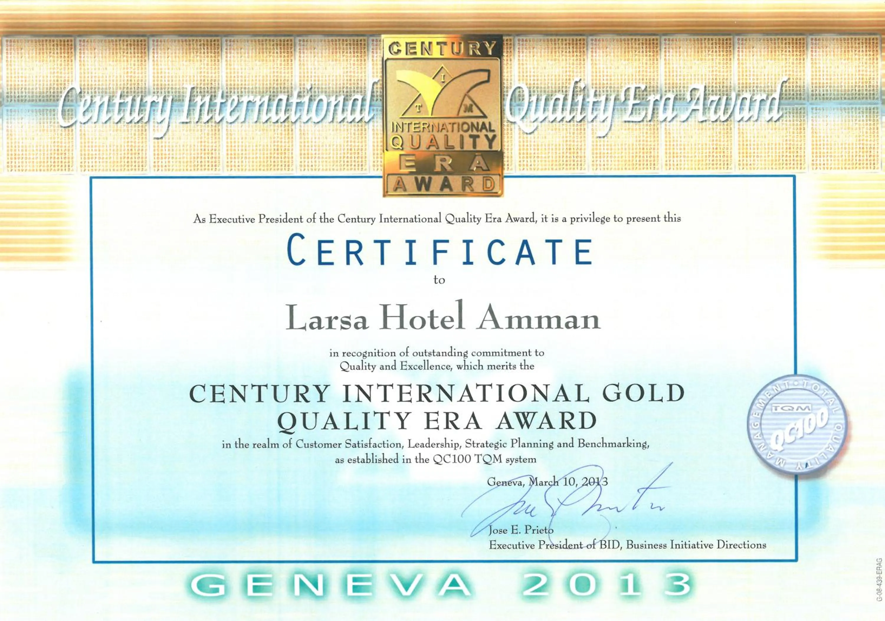 Certificate/Award in Larsa Hotel