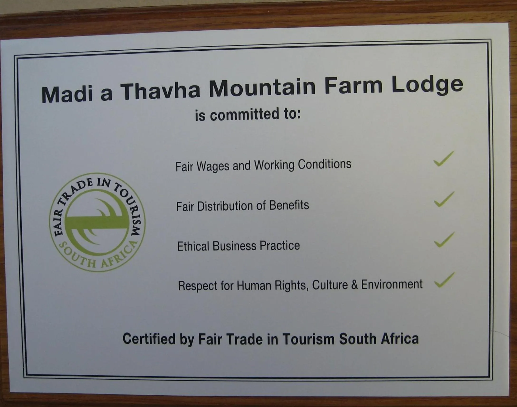Certificate/Award in Madi a Thavha Mountain Lodge
