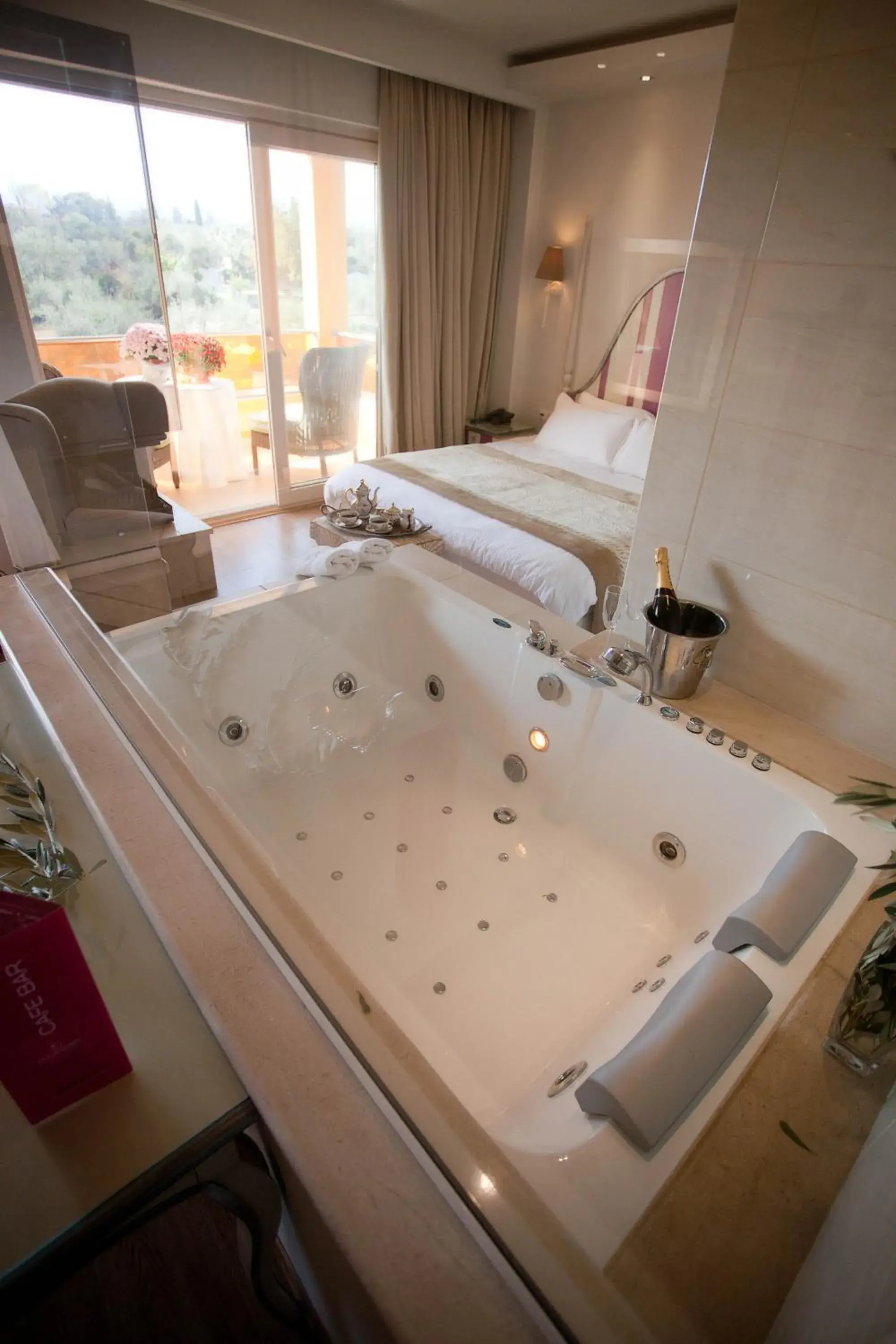 Bathroom, Bed in Litohoro Olympus Resort Villas & Spa Bathroom, Bed in Litohoro Olympus Resort Villas & Spa