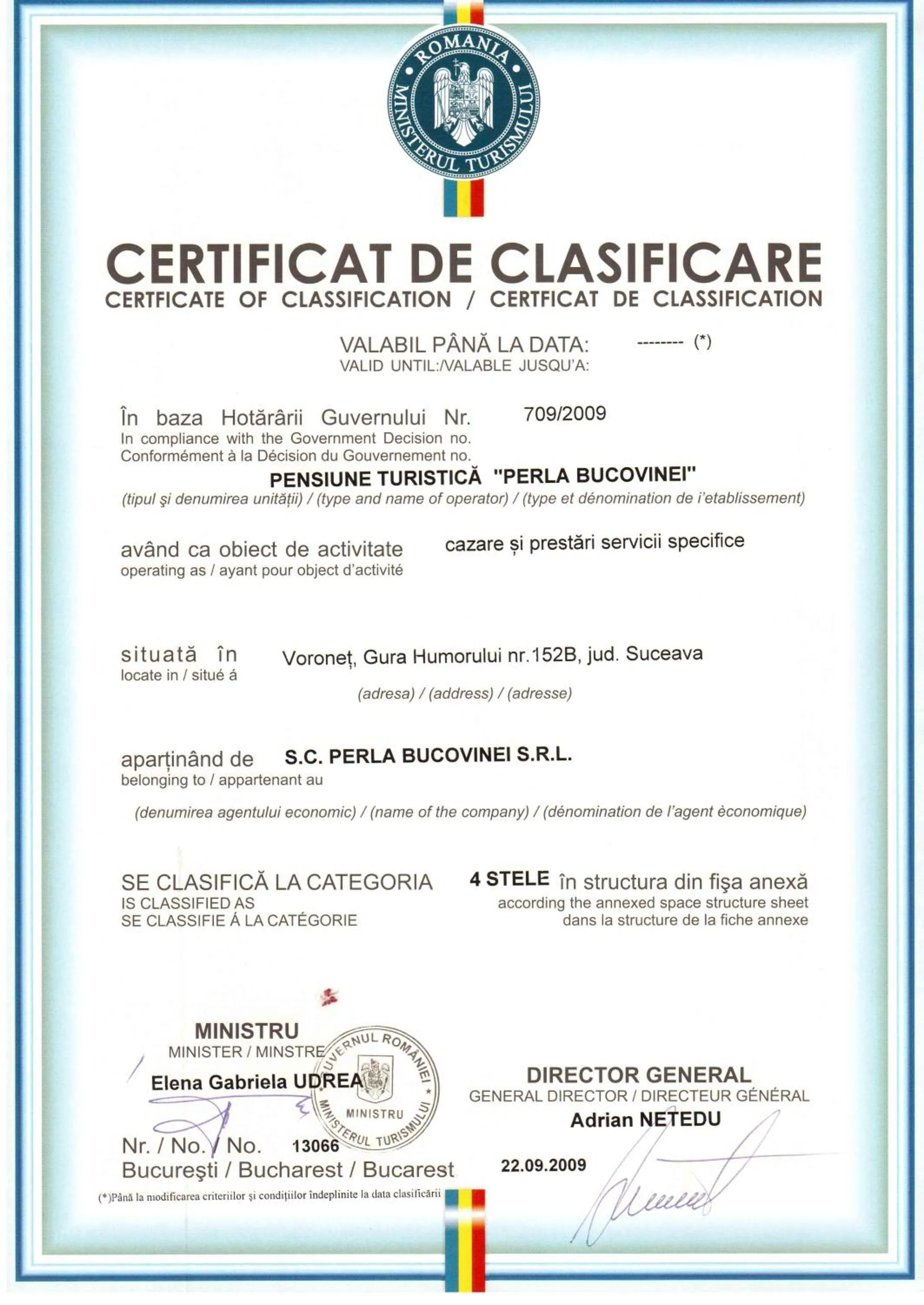 Logo/Certificate/Sign in Pension Perla Bucovinei