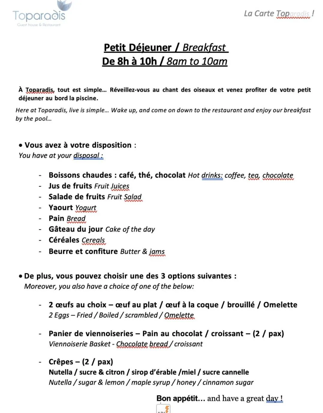 Breakfast in Toparadis Guest House