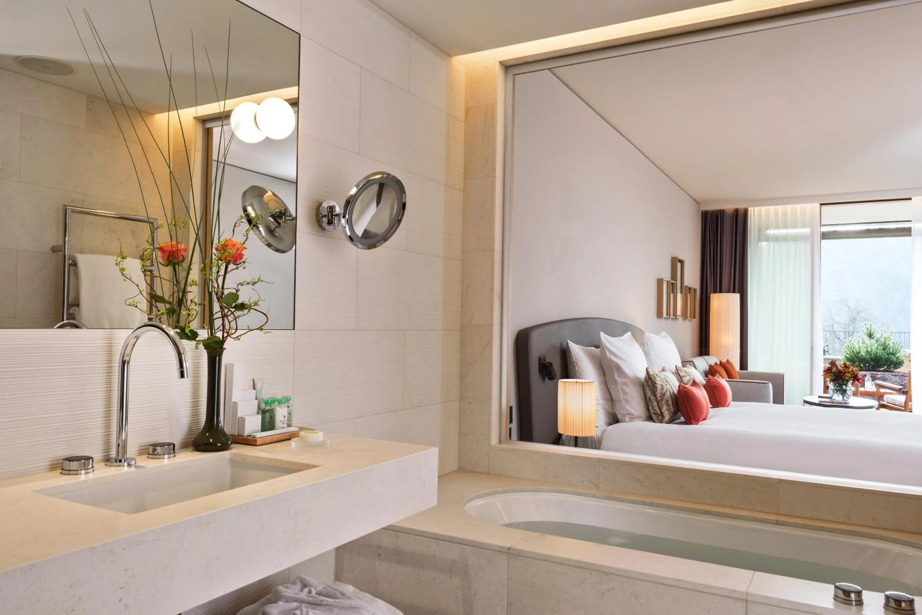 Bathroom, Bed in Waldhotel by Bürgenstock