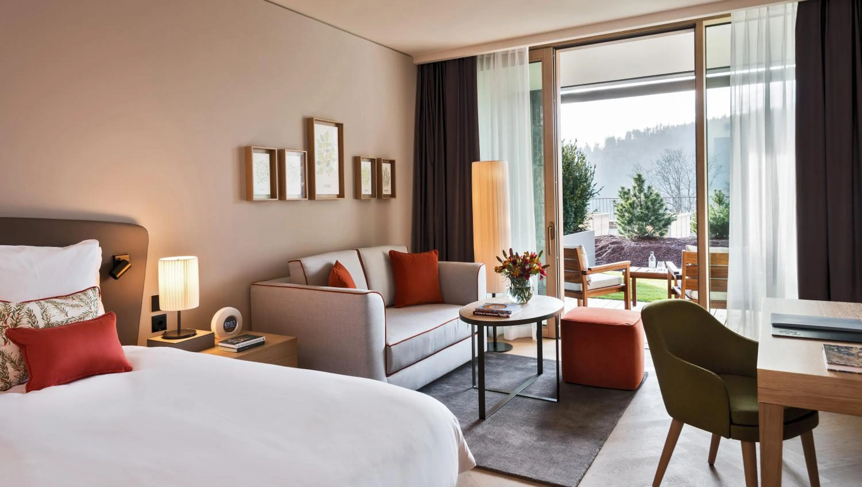 Living room, Bed in Waldhotel by Bürgenstock