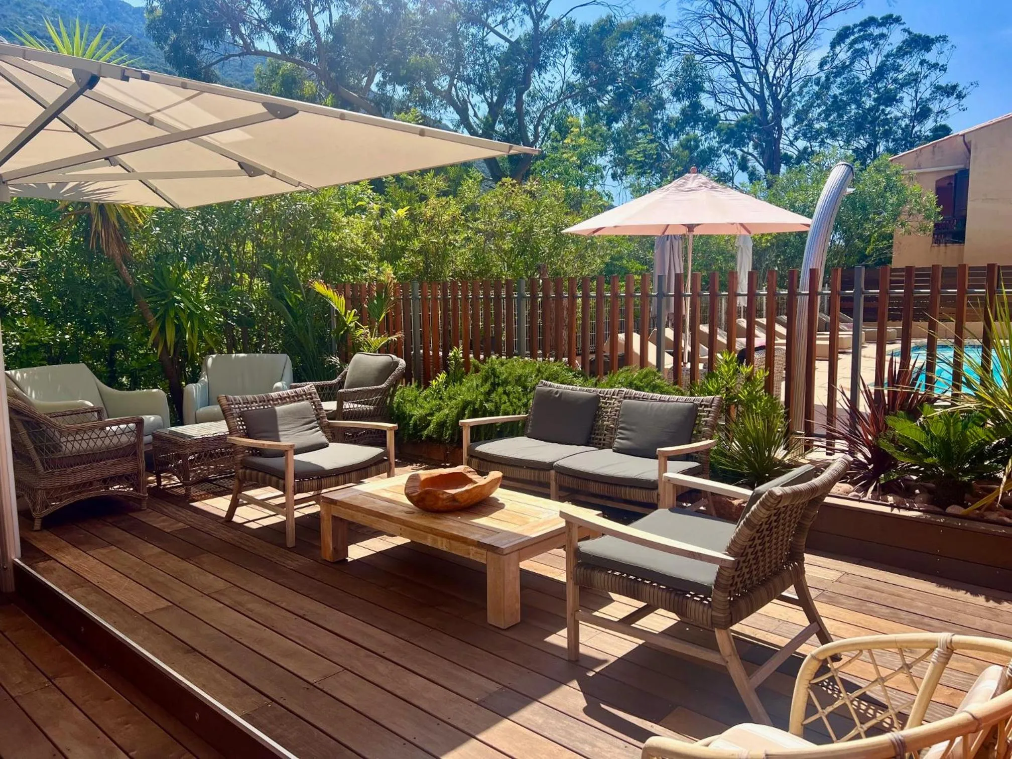Patio in Logis Hotel Le Lonca