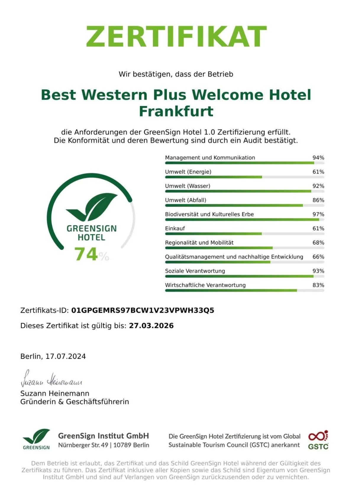 Certificate/Award in Best Western Plus Welcome Hotel Frankfurt