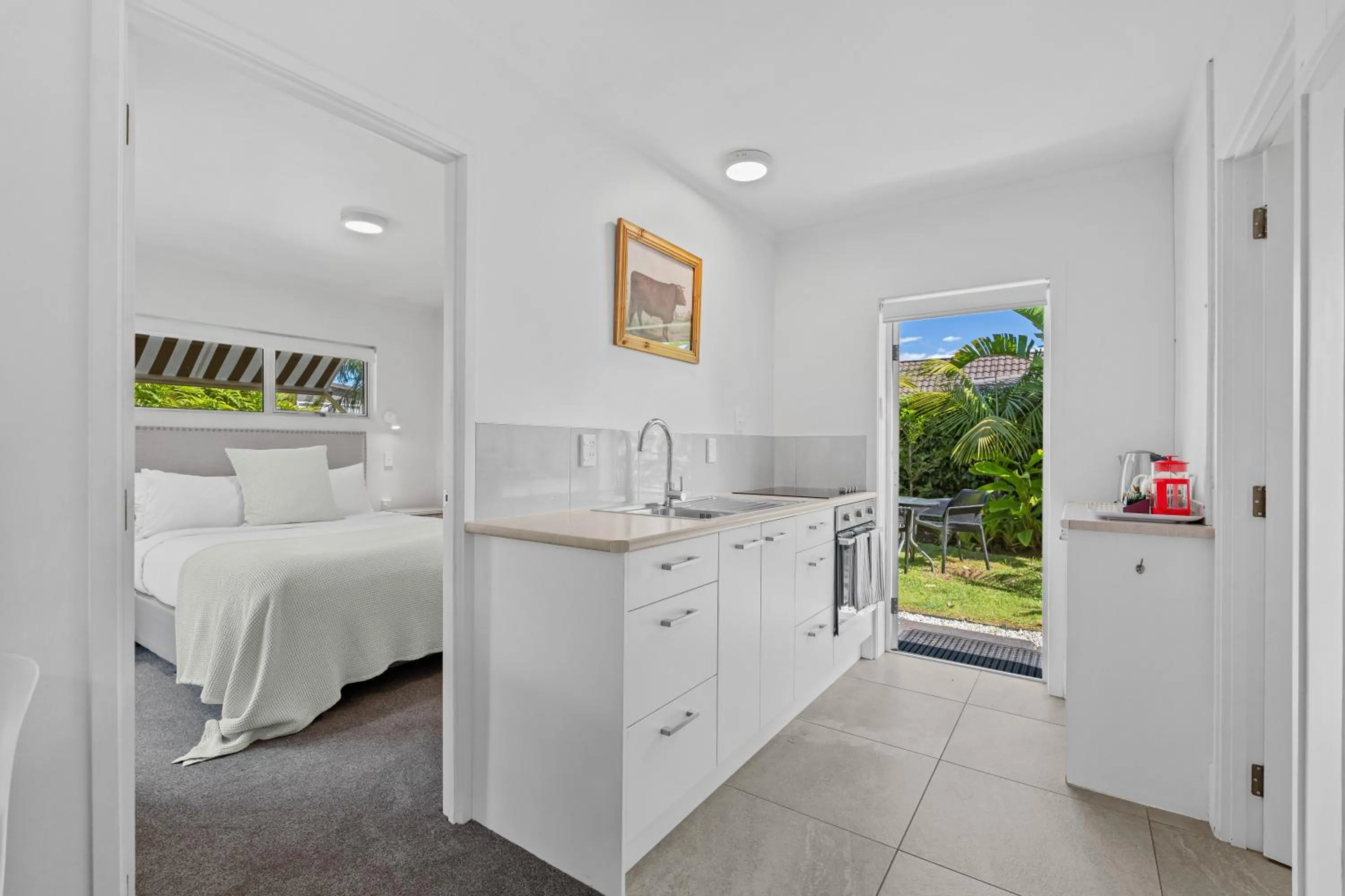 Kitchen or kitchenette, Bed in Stay Kerikeri