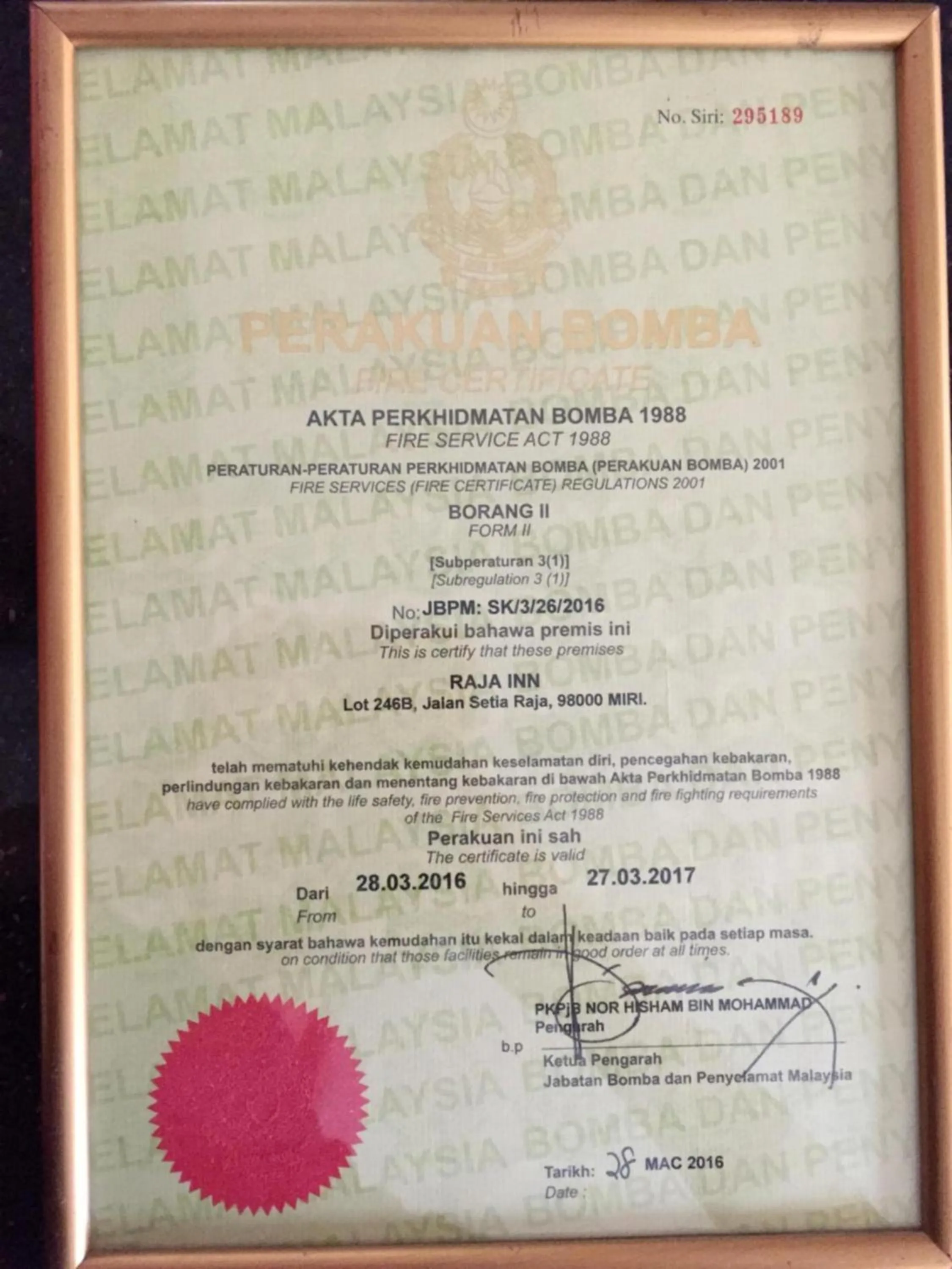 Certificate/Award in Raja Inn