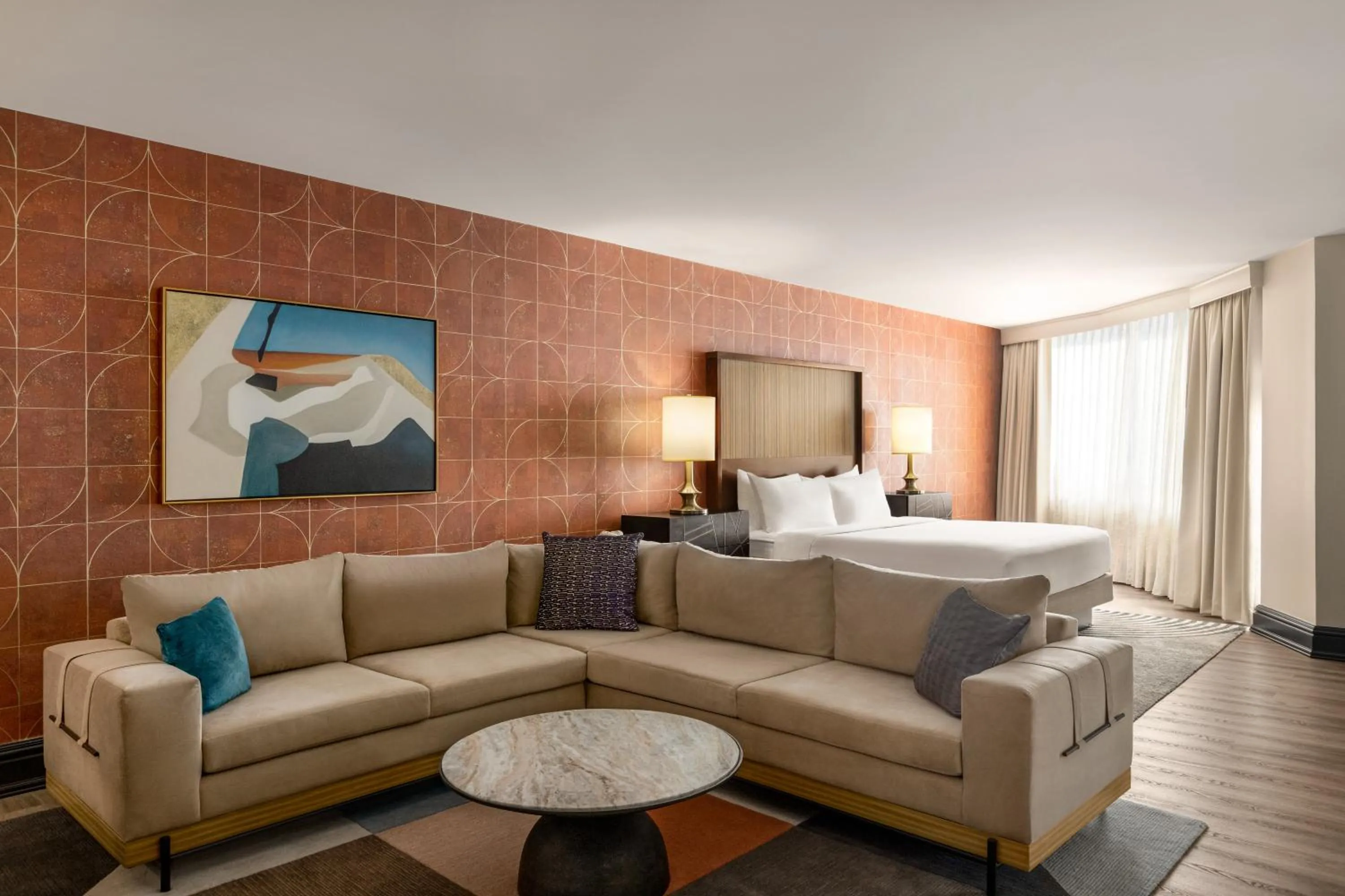 Living room, Bed in The American Hotel Atlanta Downtown-a Doubletree by Hilton