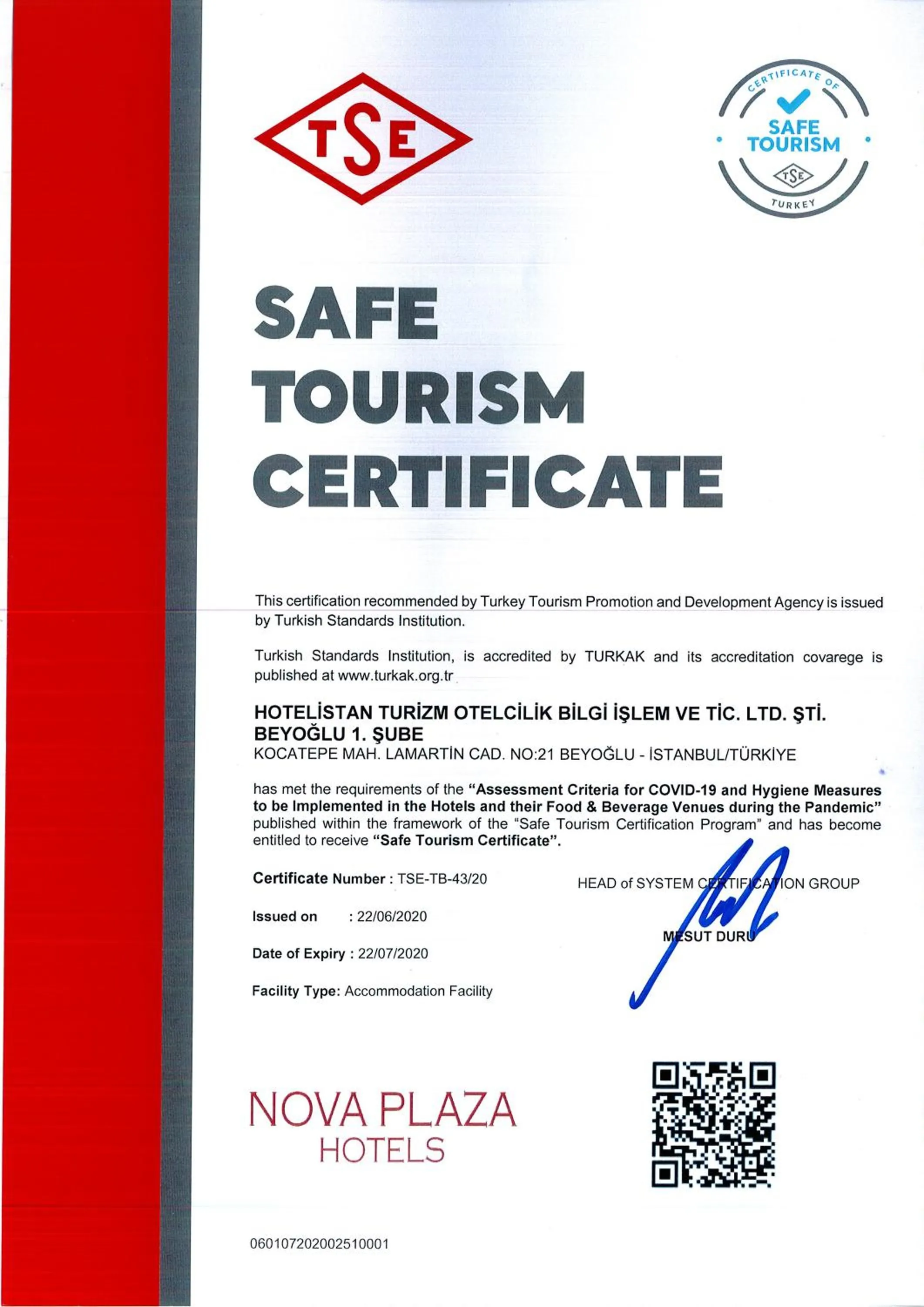 Logo/Certificate/Sign in Nova Plaza Taksim Square