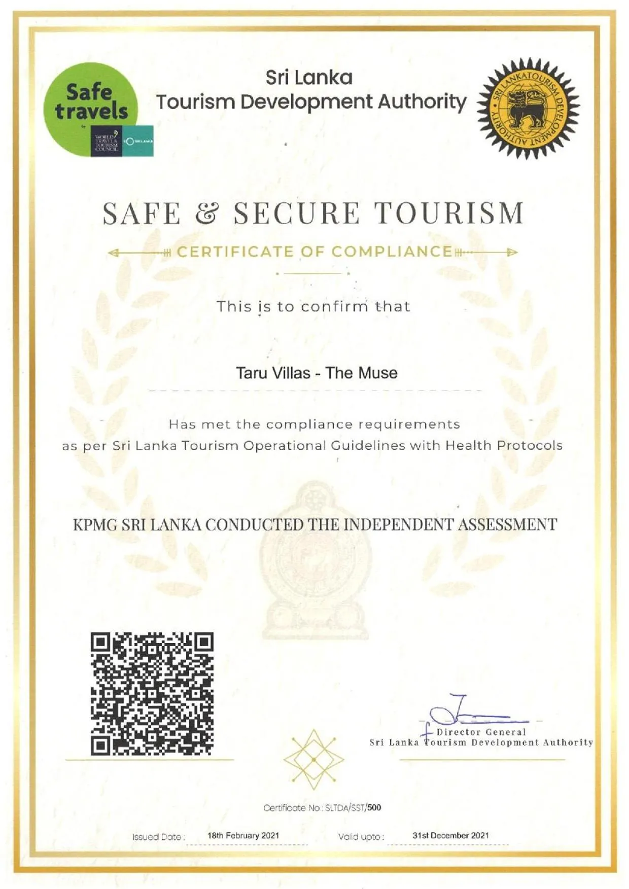 Certificate/Award in Taru Villas - The Muse - Bentota