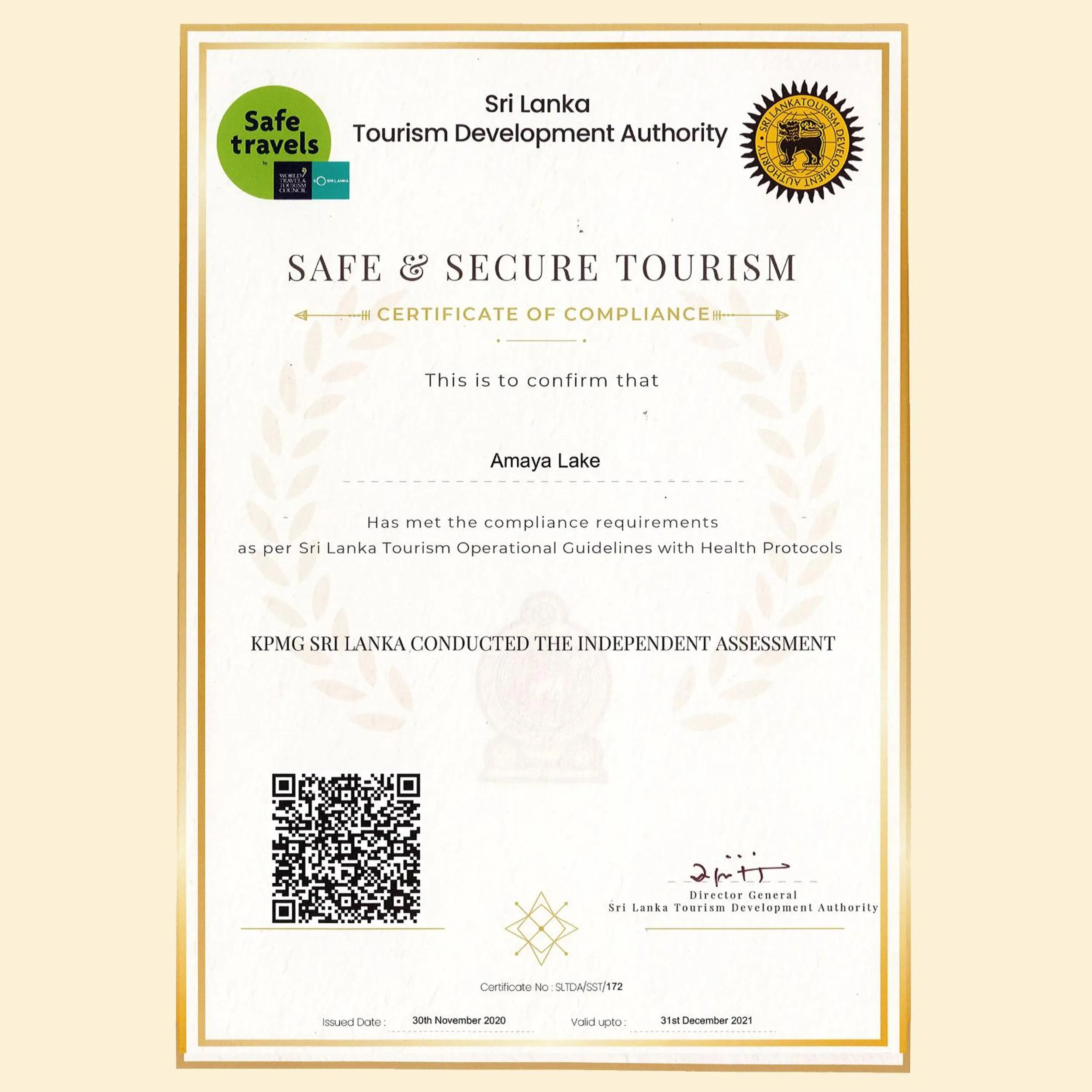 Certificate/Award in Amaya Lake Dambulla