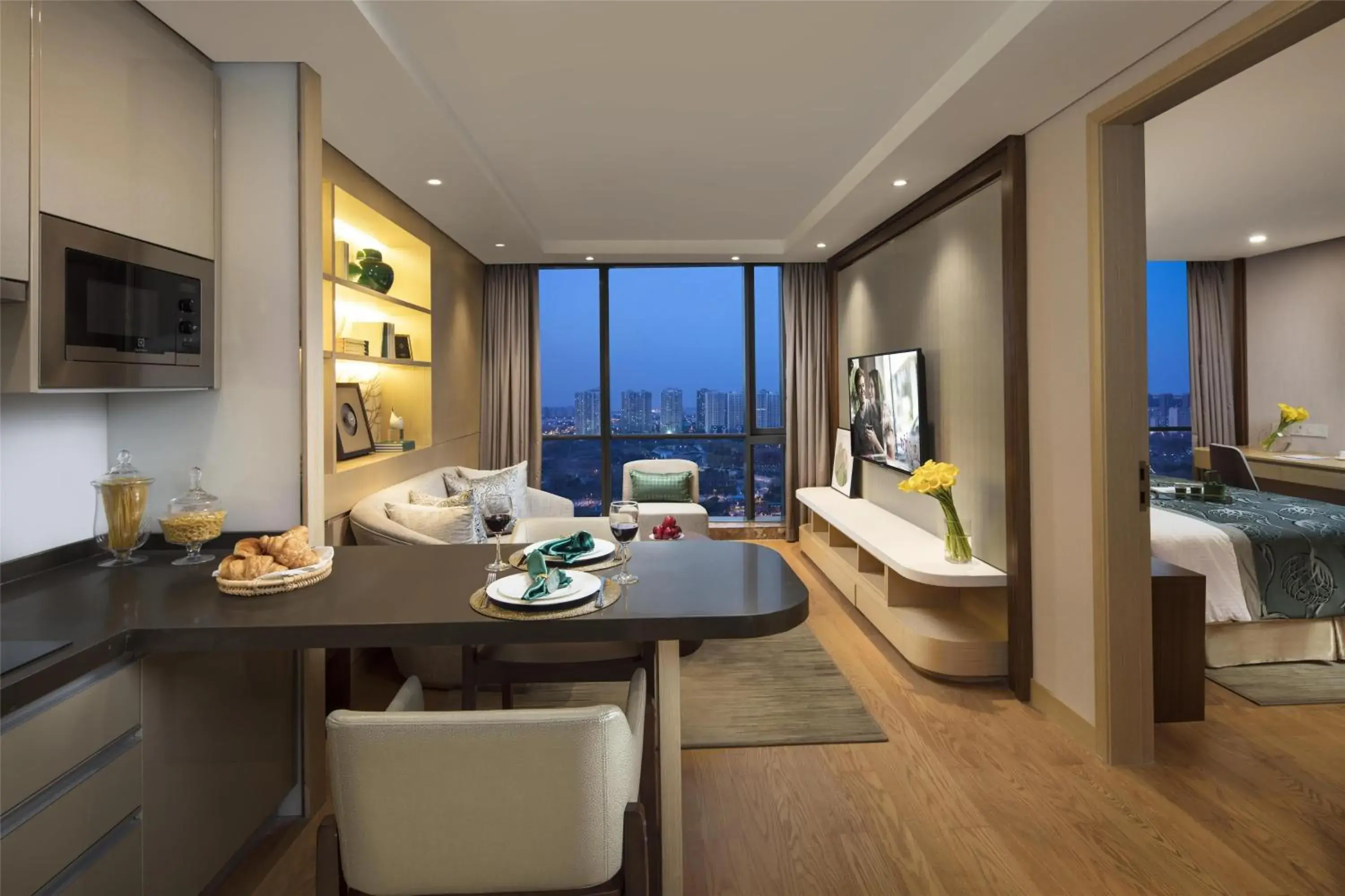 Kitchen or kitchenette, Bed in Somerset Baitang Suzhou Kitchen or kitchenette, Bed in Somerset Baitang Suzhou