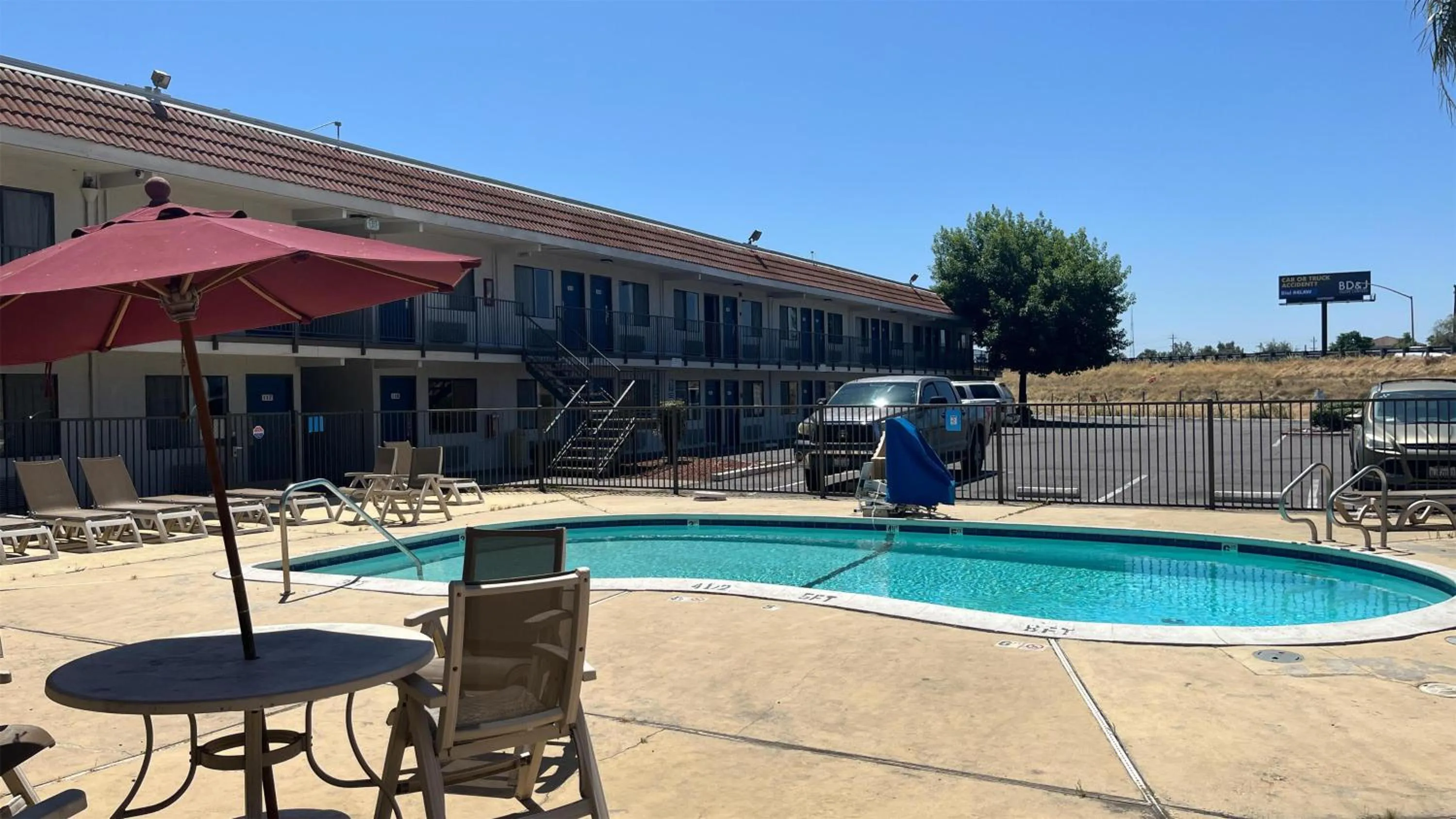 Pool view in Motel 6 Modesto, CA