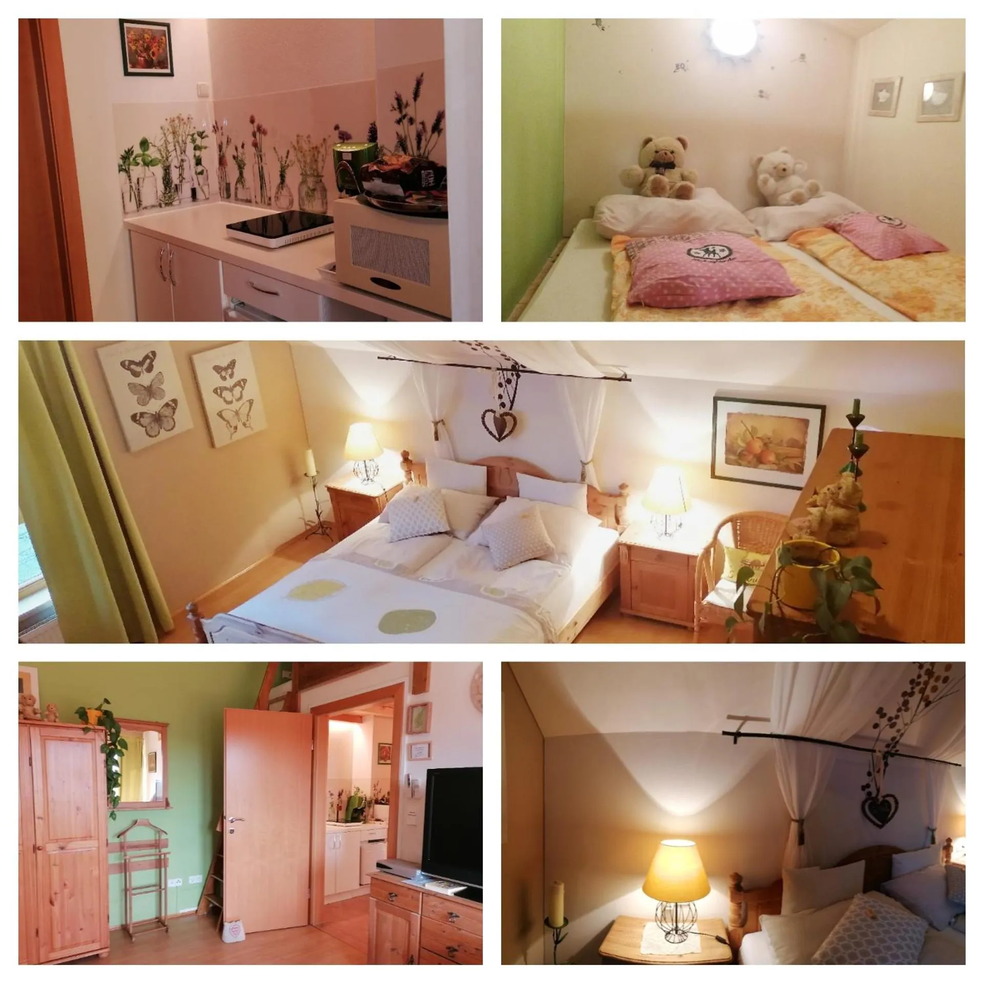 Kitchen or kitchenette, Bed in FerienAppartments Landhaus FühlDichWohl
