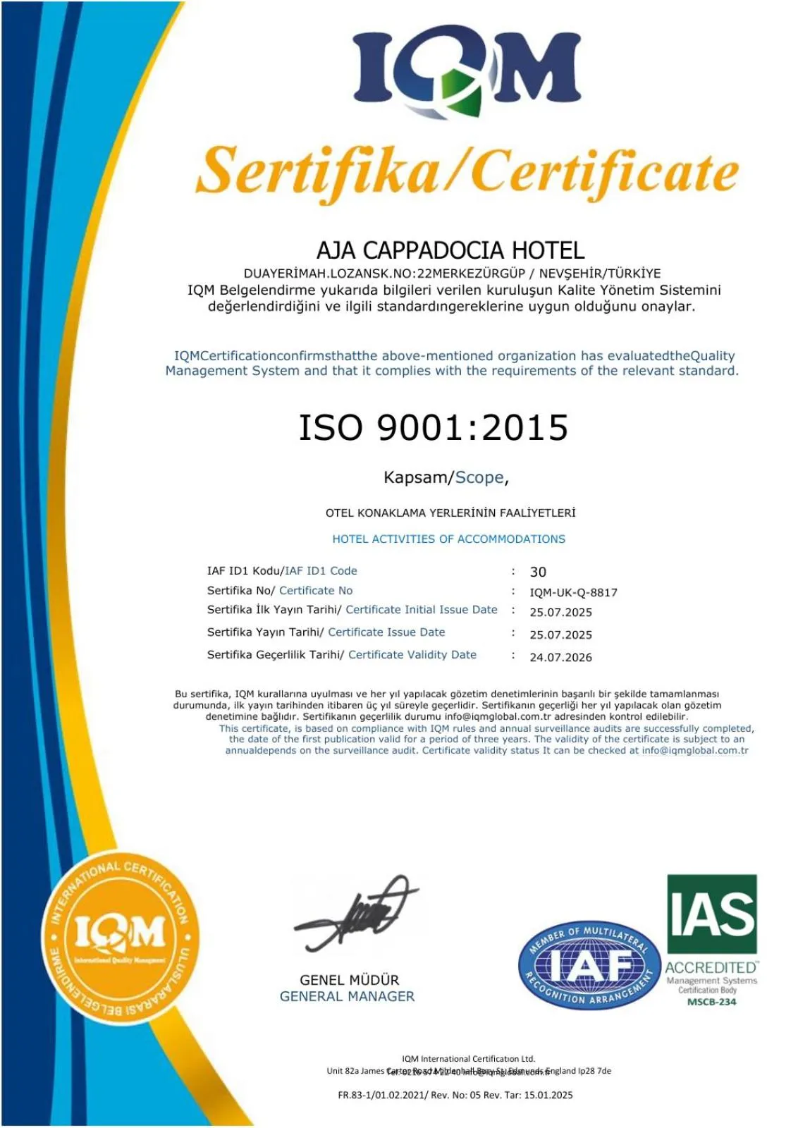 Certificate/Award in Aja Cappadocia Cave Hotel