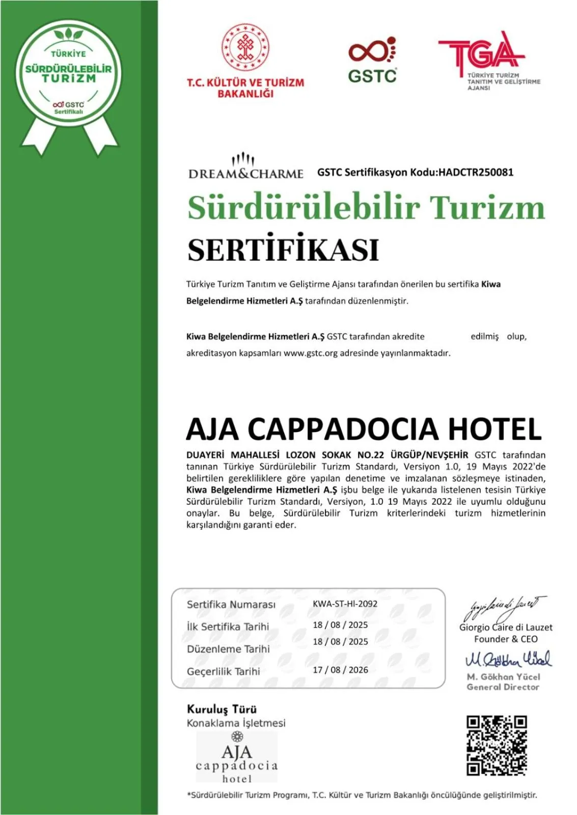 Certificate/Award in Aja Cappadocia Cave Hotel