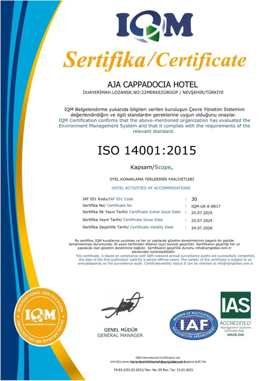 Certificate/Award in Aja Cappadocia Cave Hotel