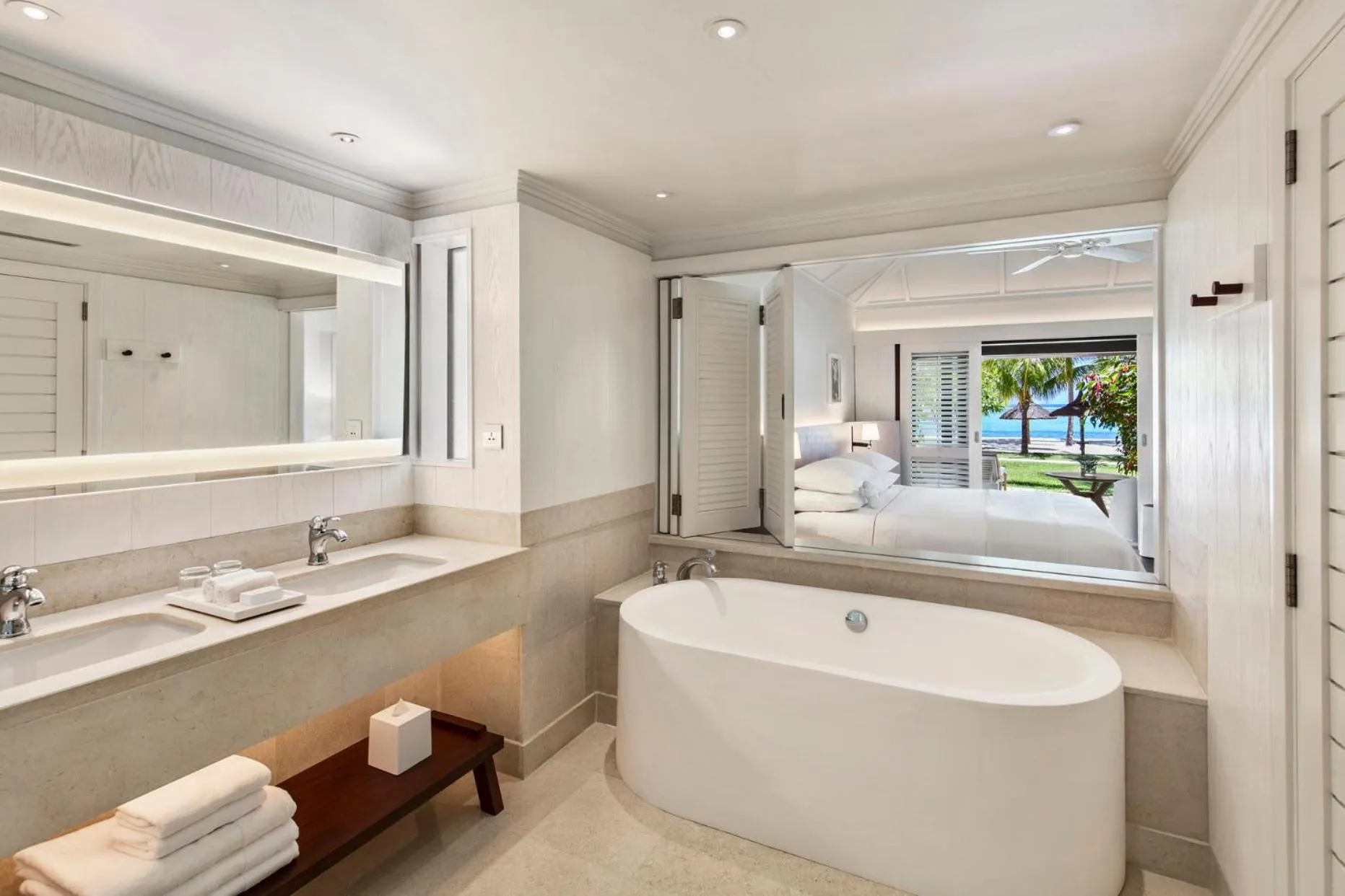 Bathroom, Bed in LUX* Le Morne Resort