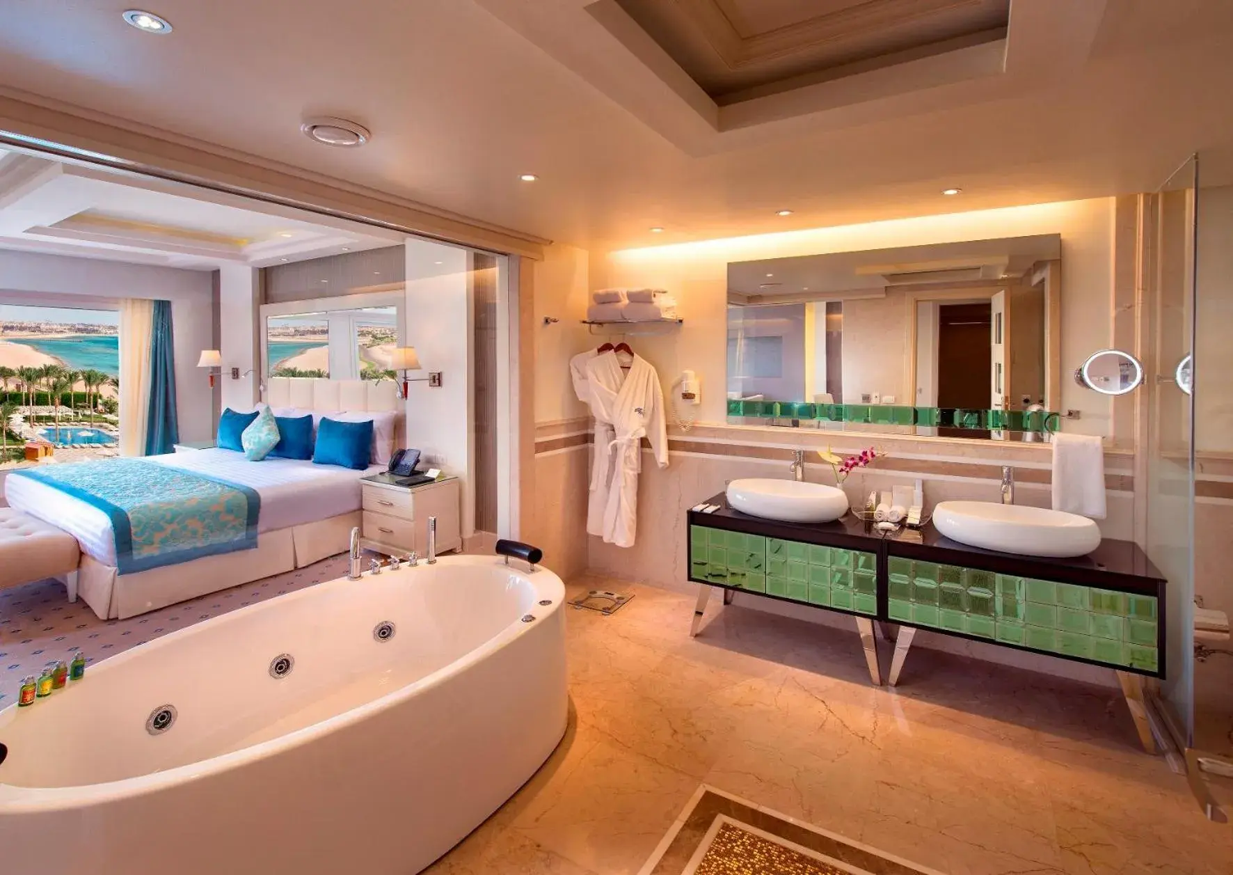 Bathroom, Bed in Premier Le Reve Hotel & Spa Sahl Hasheesh - Adults Only 16 Years Plus Bathroom, Bed in Premier Le Reve Hotel & Spa Sahl Hasheesh - Adults Only 16 Years Plus