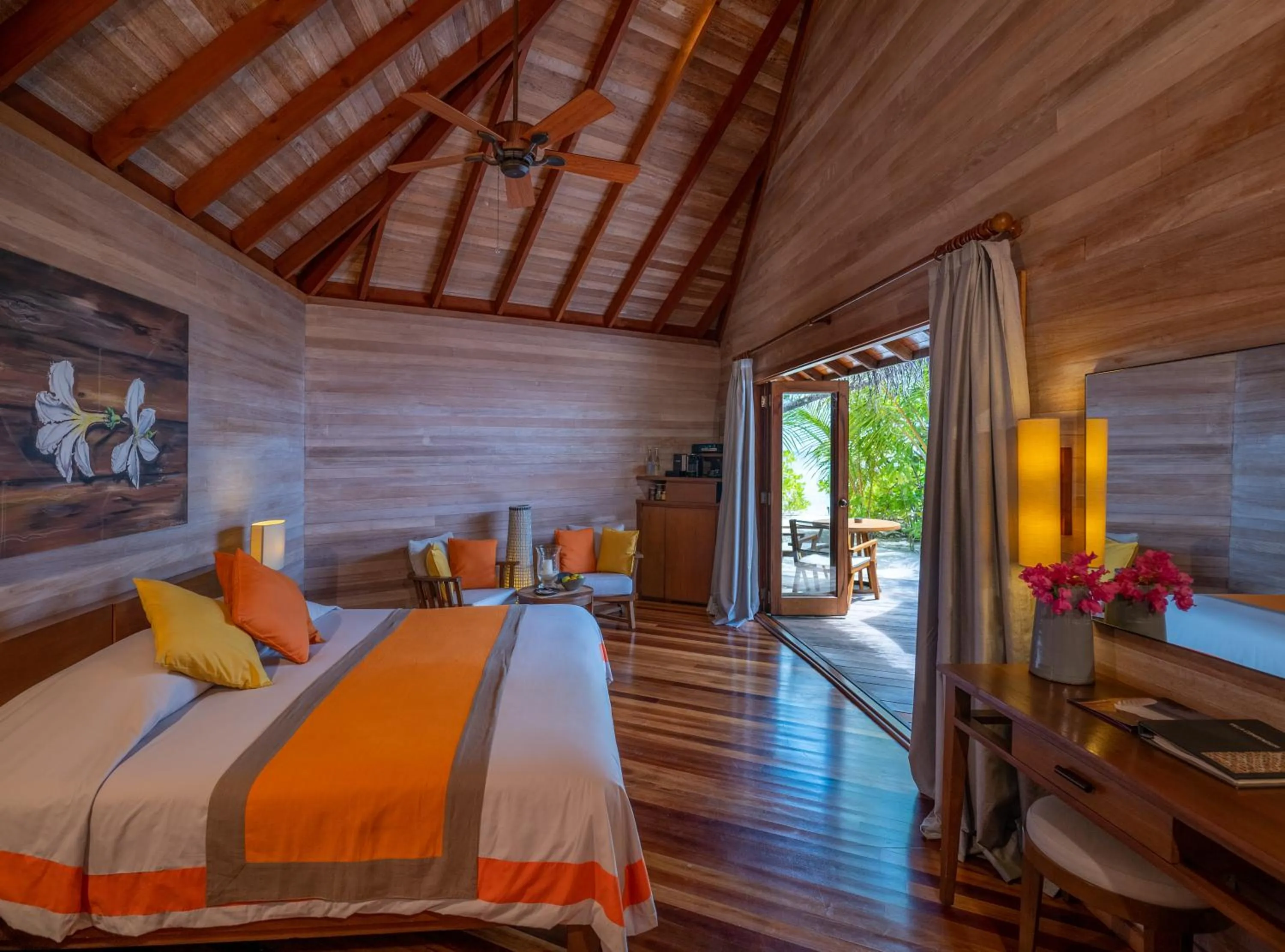 View (from property/room), Bed in V Villas Maldives at Mirihi - MGallery Collection