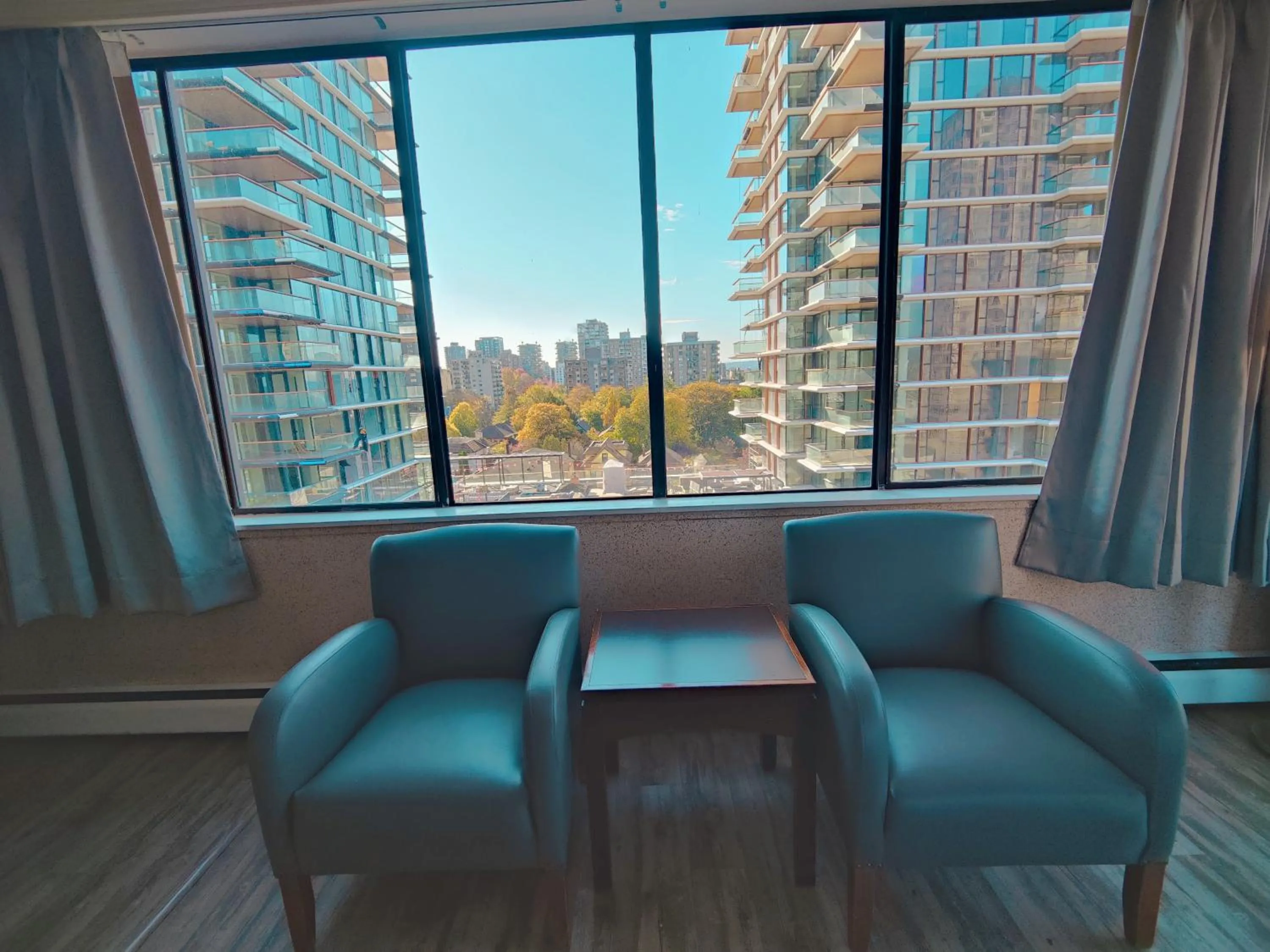 Seating area in Divya Sutra Suites on Robson Downtown Vancouver