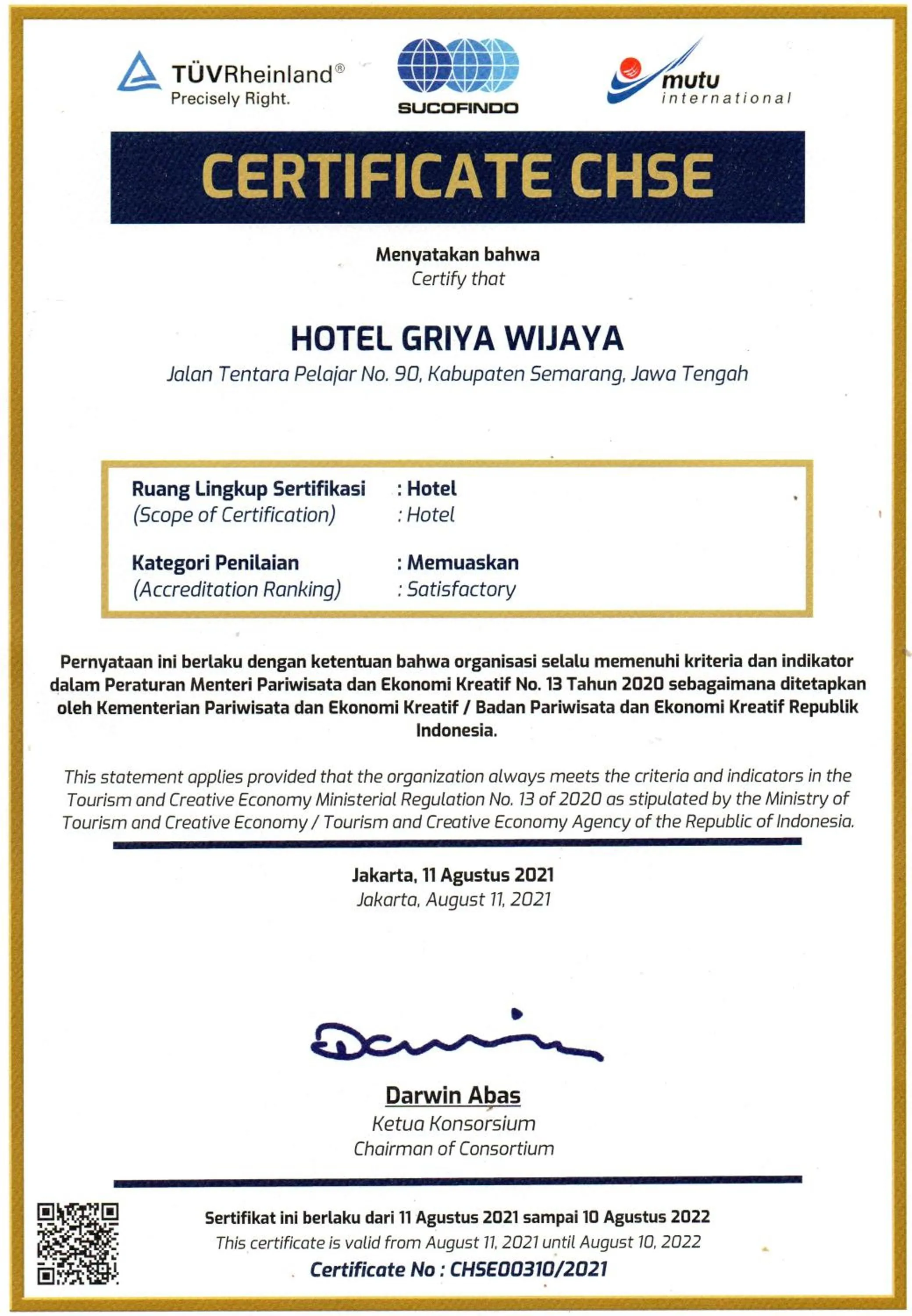Certificate/Award in Hotel Griya Wijaya