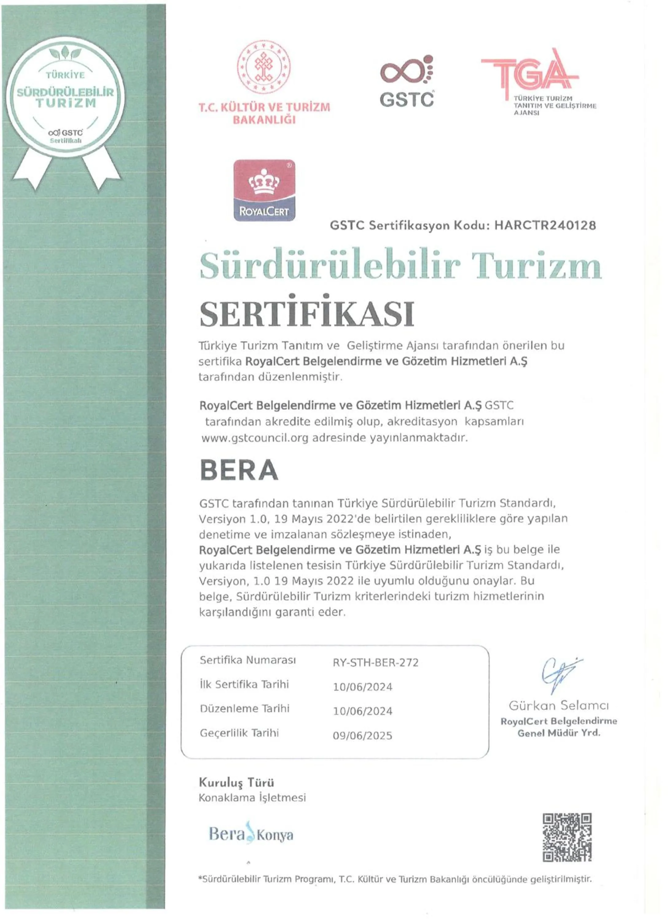 Logo/Certificate/Sign in Bera Konya Hotel